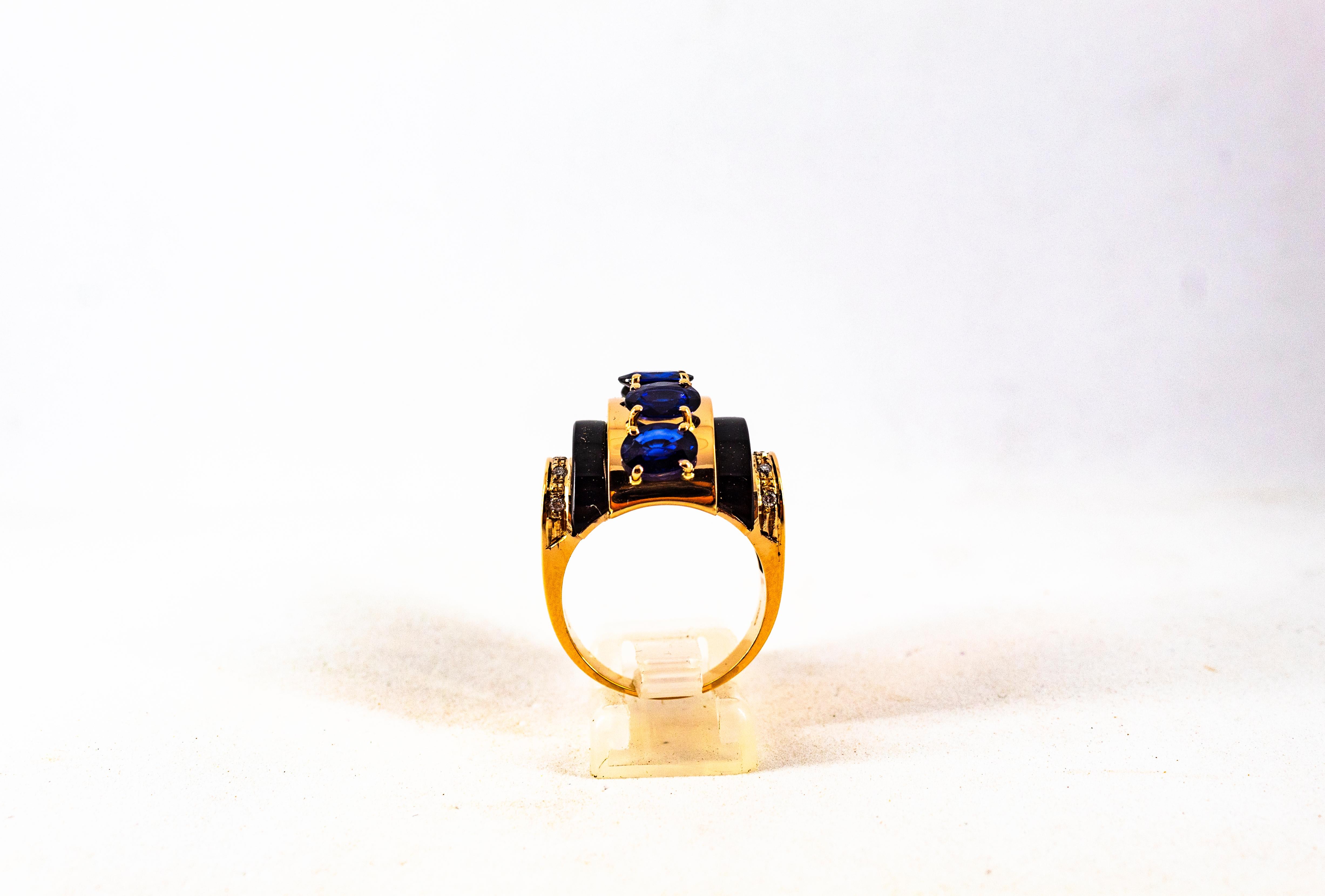 Art Deco Style 3.75 Carat White Diamond Blue Sapphire Onyx Yellow Gold Ring 2