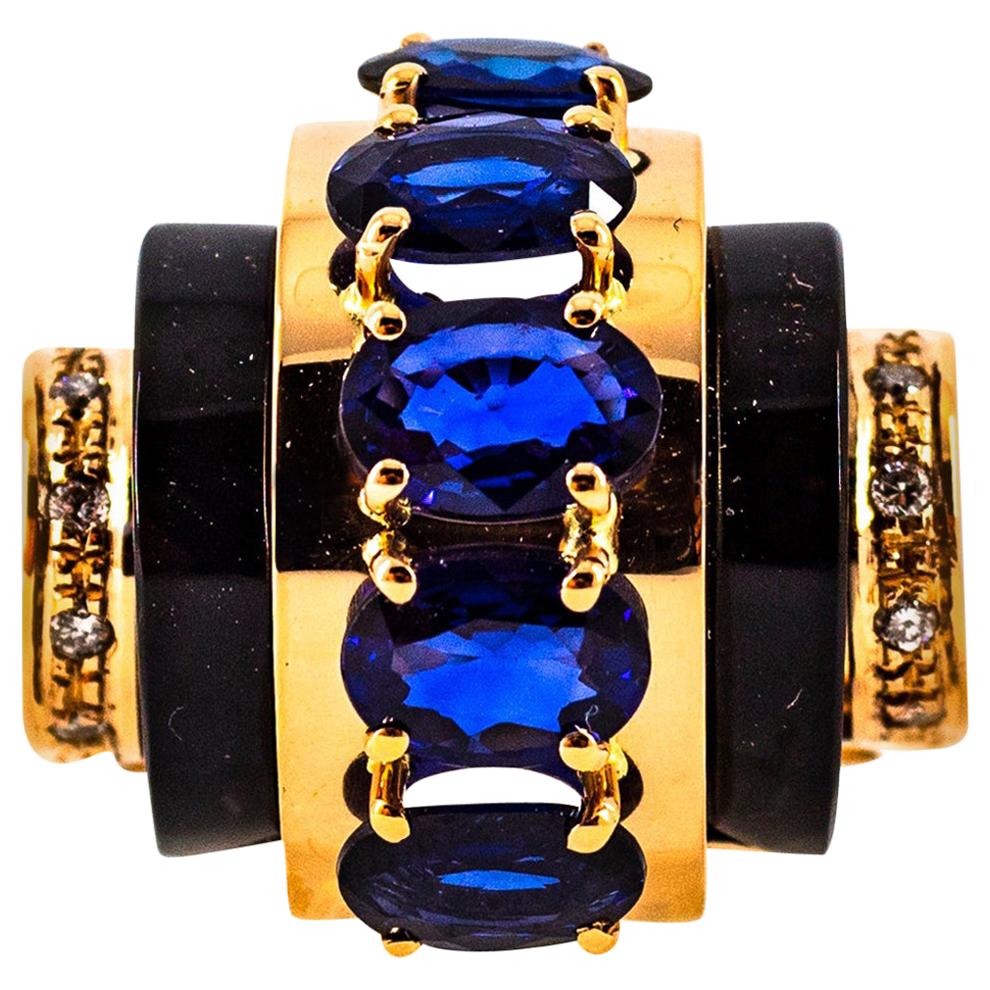 Art Deco Style 3.75 Carat White Diamond Blue Sapphire Onyx Yellow Gold Ring