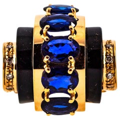 Art Deco Style 3.75 Carat White Diamond Blue Sapphire Onyx Yellow Gold Ring