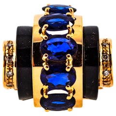 Art Deco 3.75 Carat White Diamond Blue Sapphire Onyx Yellow Gold Cocktail Ring
