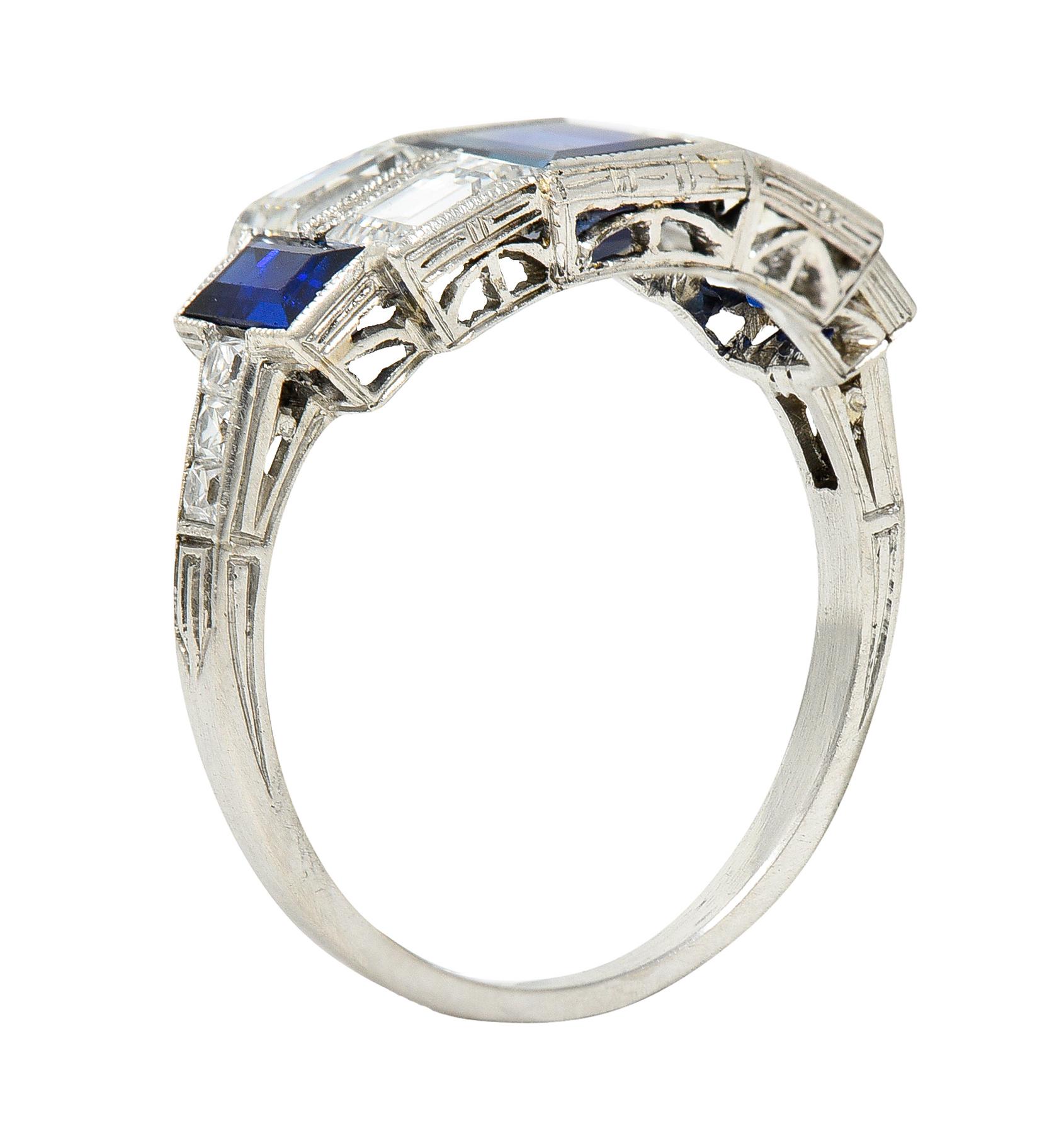 Art Deco 3.75 Carats Sapphire Diamond Platinum Gemstone Band Ring 5