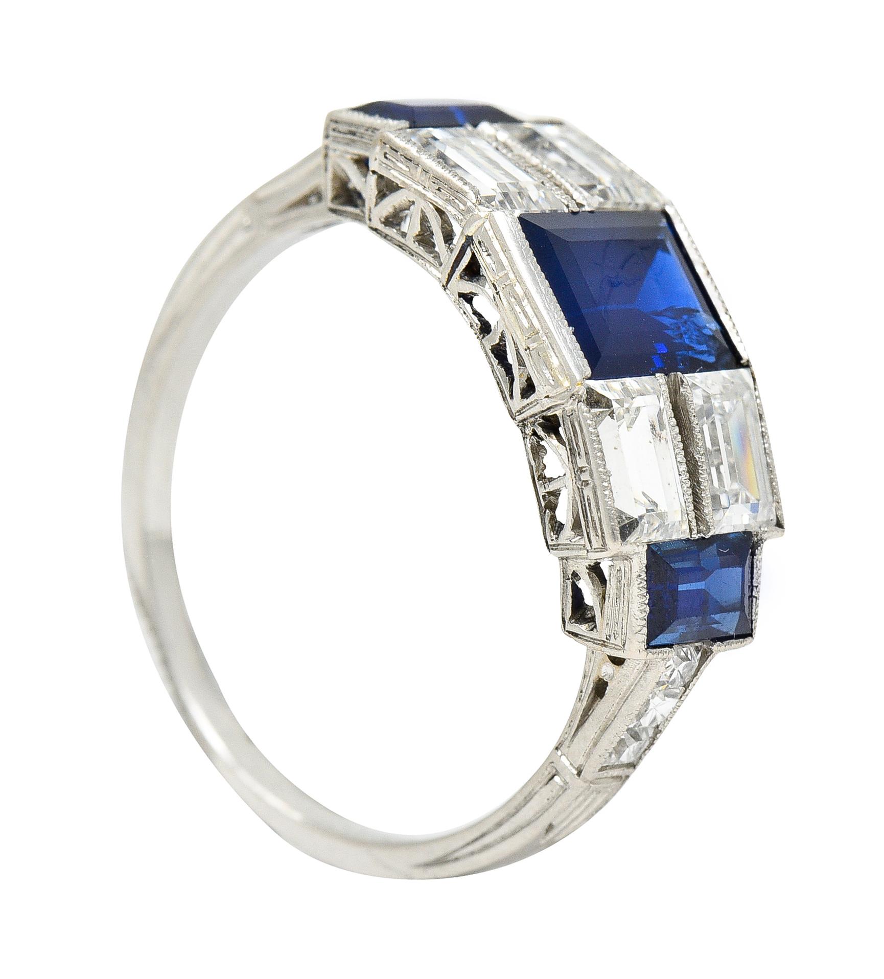 Art Deco 3.75 Carats Sapphire Diamond Platinum Gemstone Band Ring 6