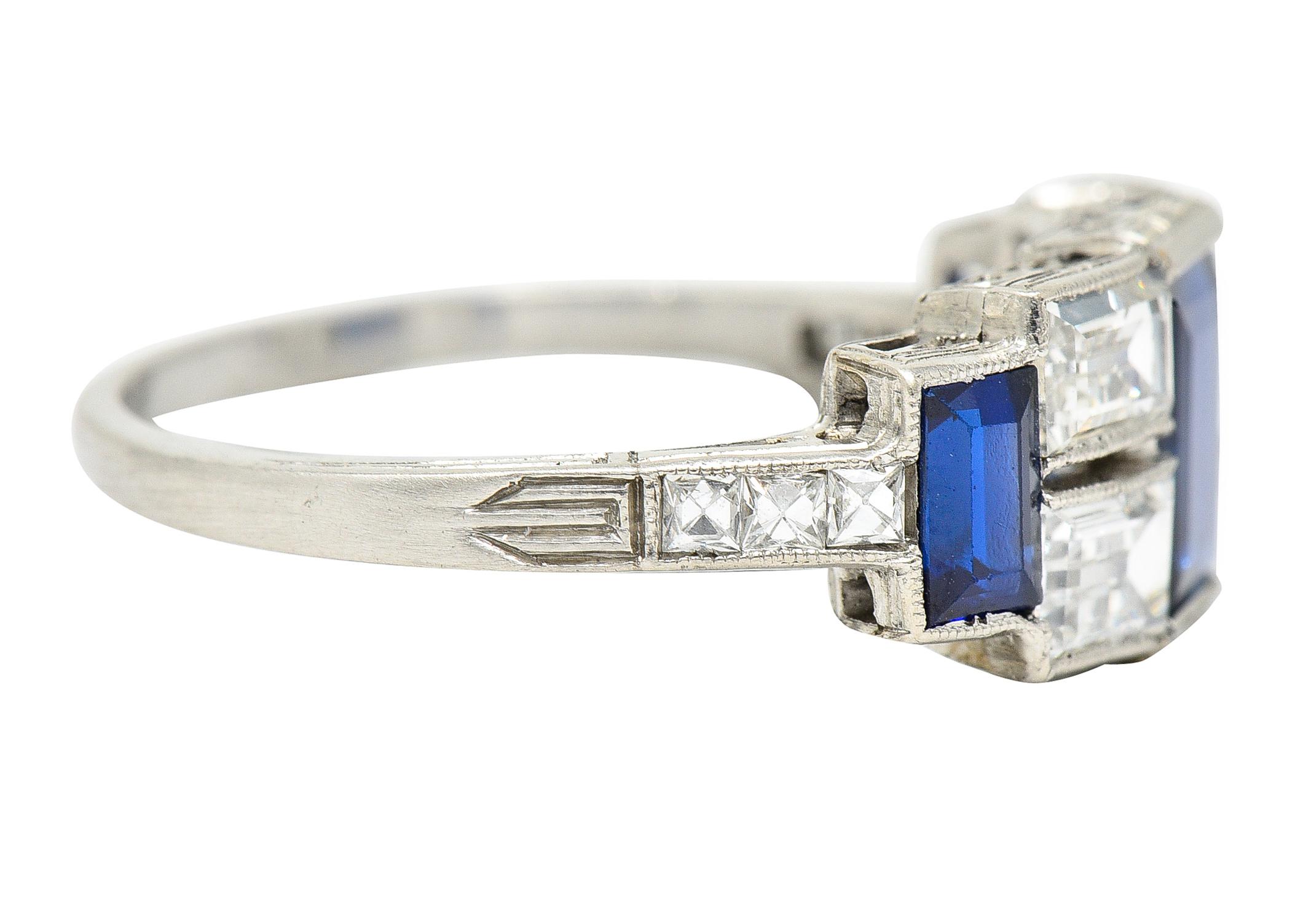French Cut Art Deco 3.75 Carats Sapphire Diamond Platinum Gemstone Band Ring