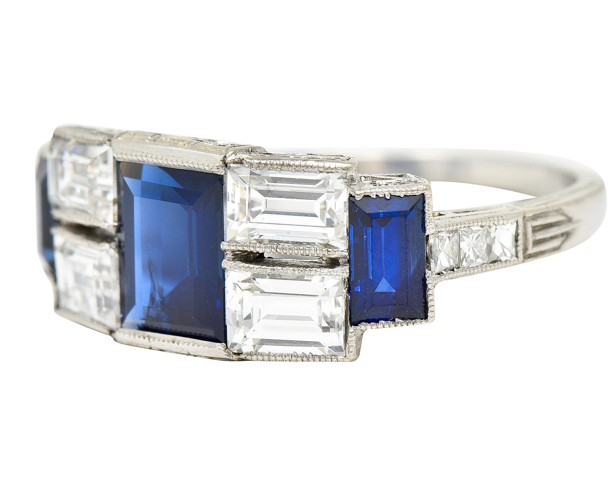 Art Deco 3.75 Carats Sapphire Diamond Platinum Gemstone Band Ring 1