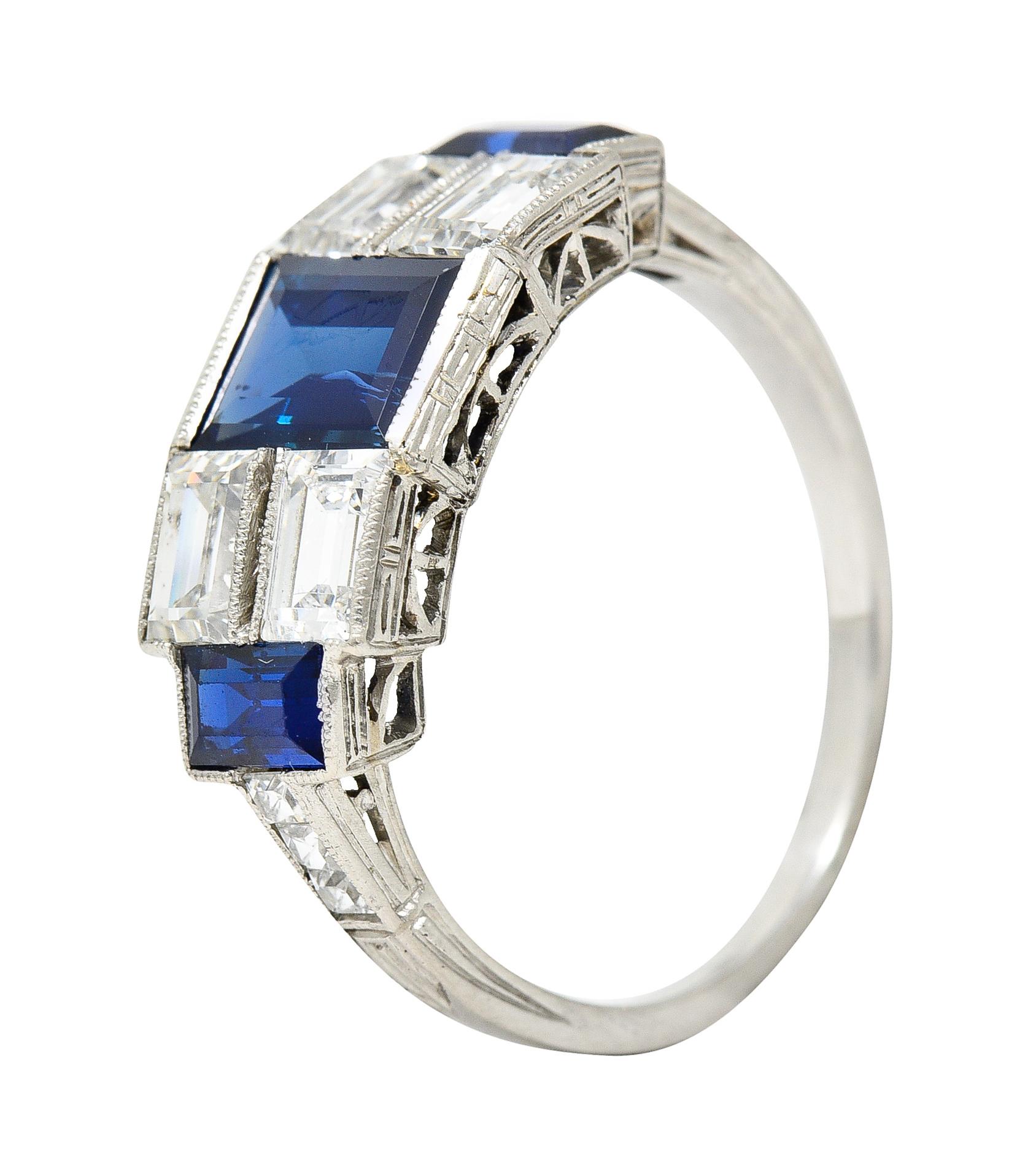 Art Deco 3.75 Carats Sapphire Diamond Platinum Gemstone Band Ring 2
