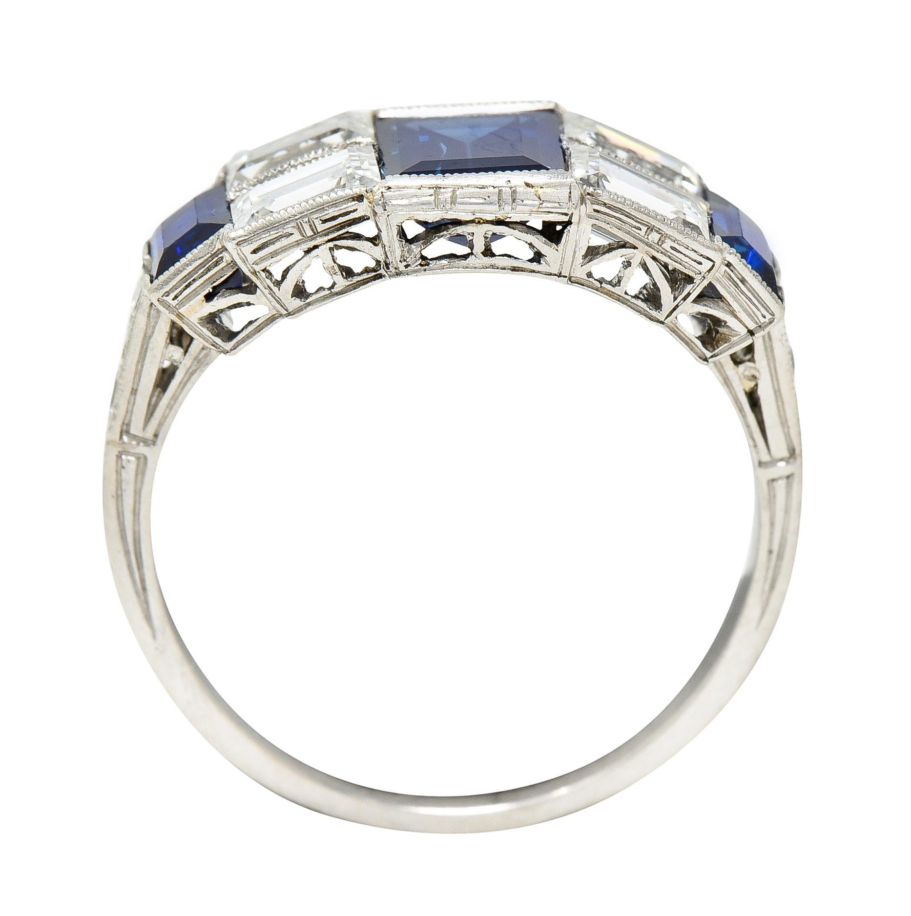 Art Deco 3.75 Carats Sapphire Diamond Platinum Gemstone Band Ring 4