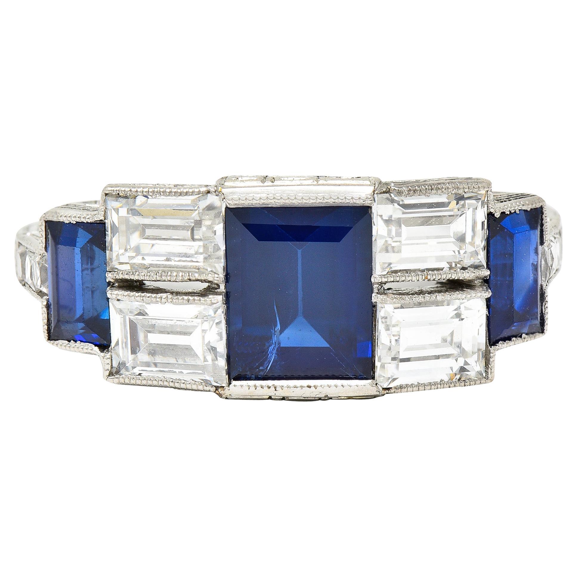 Art Deco 3.75 Carats Sapphire Diamond Platinum Gemstone Band Ring