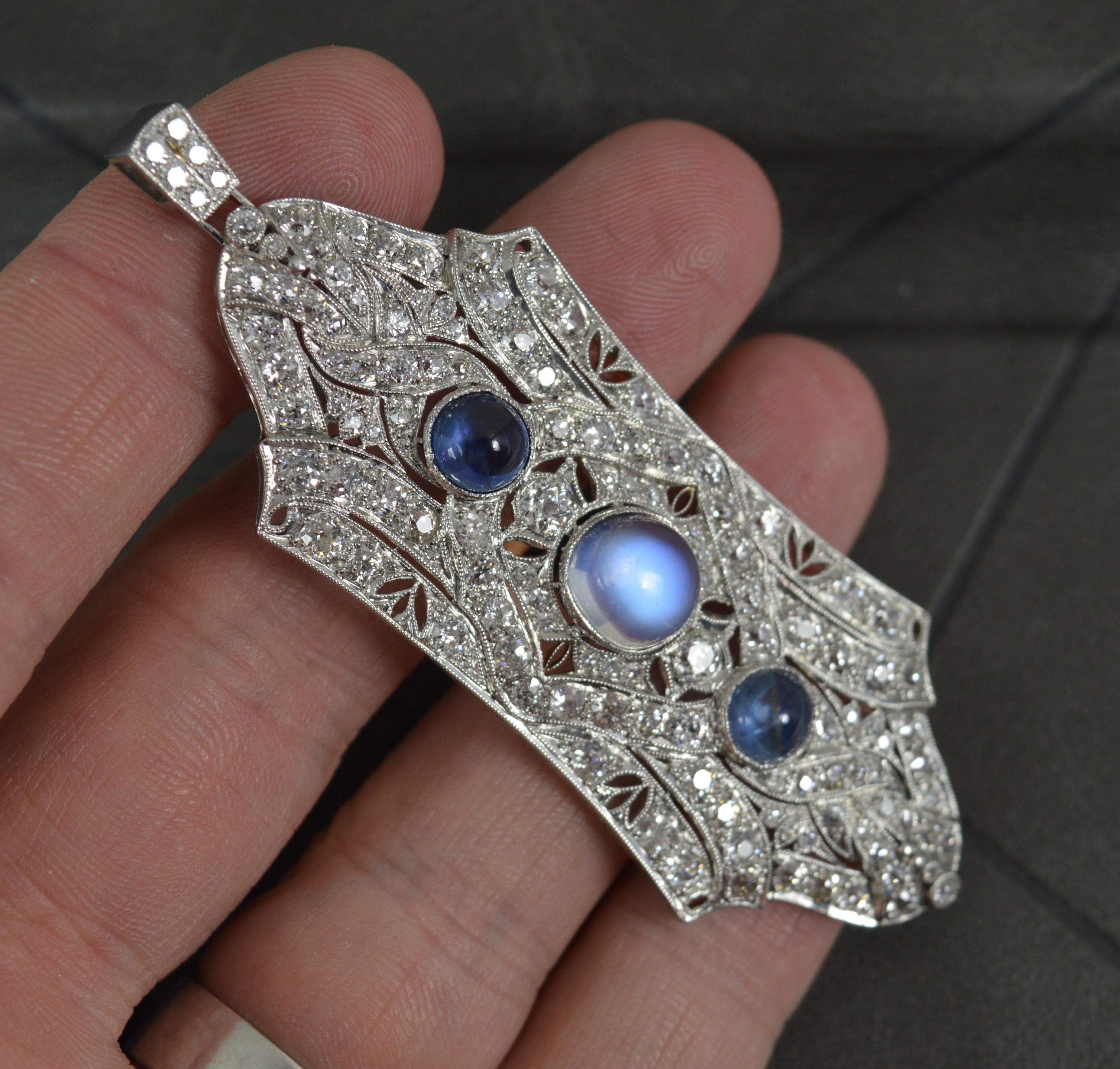 Art Deco 3.75ct Old Cut Diamond Moonstone and Sapphire Cabochon Platinum Pendant In Excellent Condition In St Helens, GB