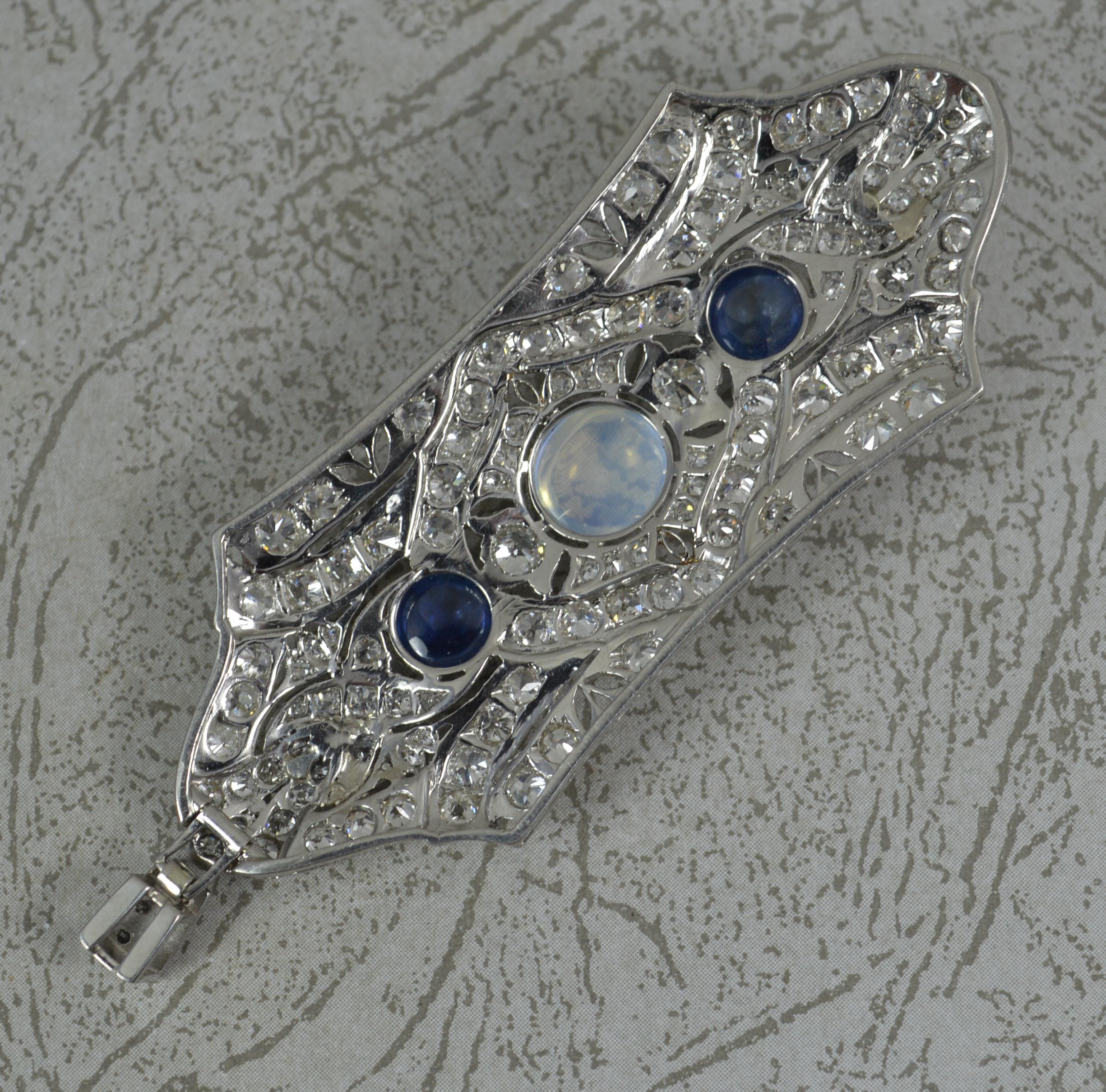 Art Deco 3.75ct Old Cut Diamond Moonstone and Sapphire Cabochon Platinum Pendant 3