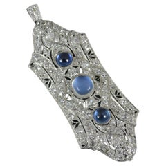 Art Deco 3.75ct Old Cut Diamond Moonstone and Sapphire Cabochon Platinum Pendant