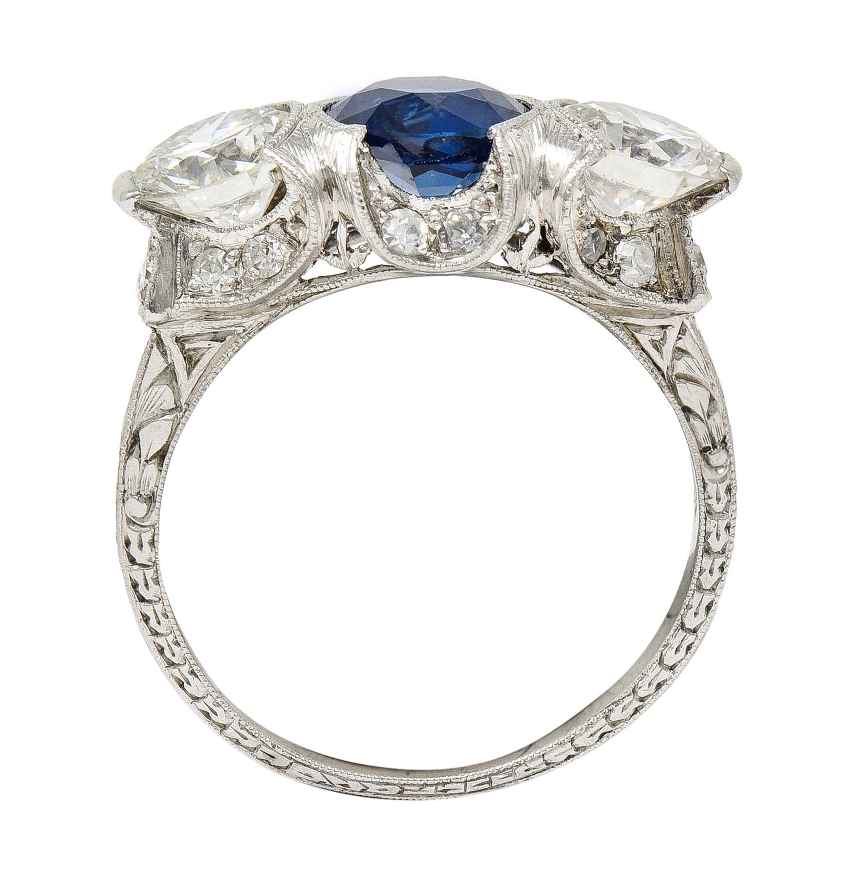 Art Deco 3.78 Carat No Heat Cambodian Sapphire Diamond Platinum Three Stone Ring 2