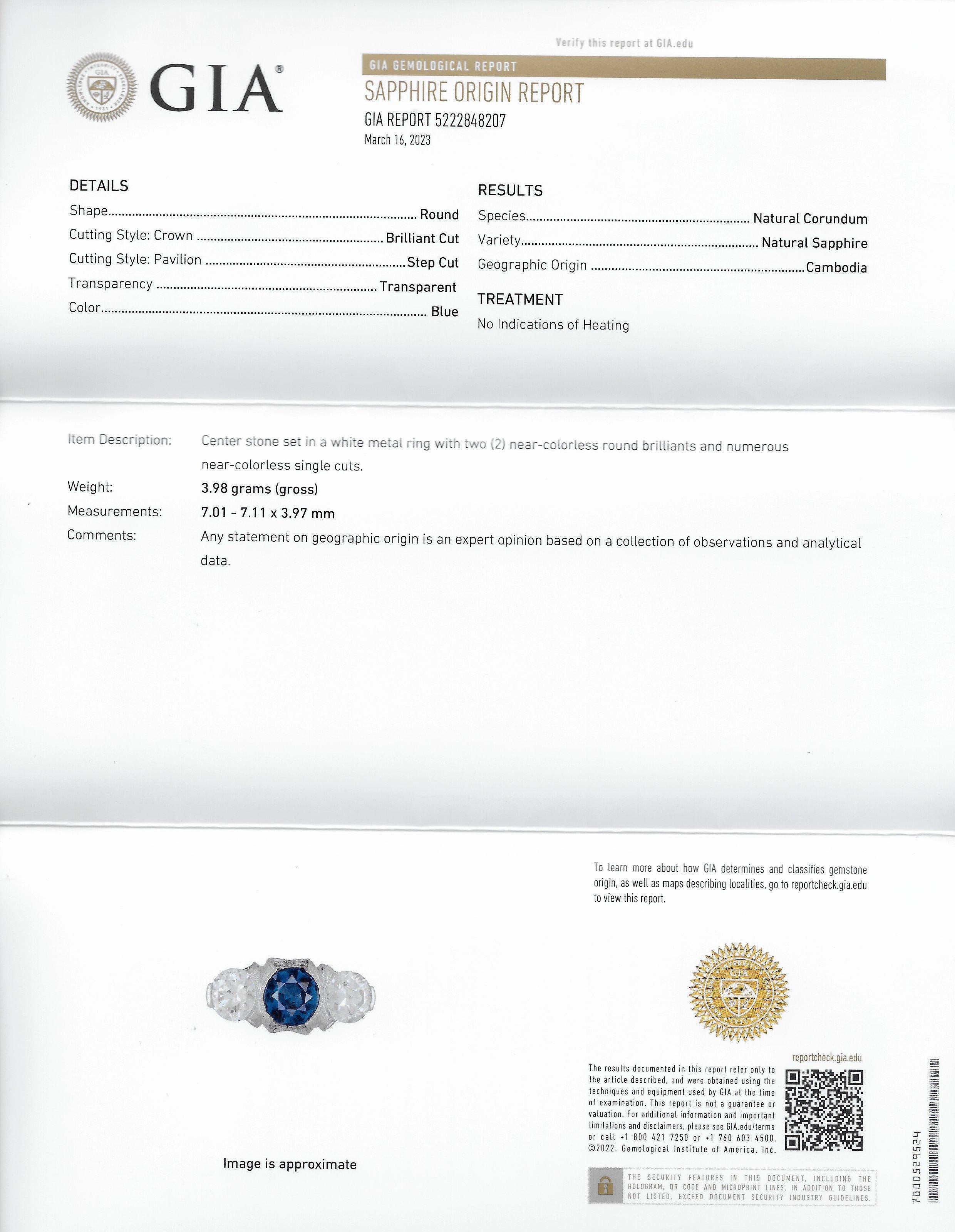 Art Deco 3.78 Carat No Heat Cambodian Sapphire Diamond Platinum Three Stone Ring 3