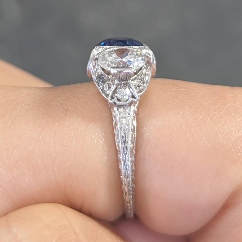 Art Deco 3.78 Carat No Heat Cambodian Sapphire Diamond Platinum Three Stone Ring 5