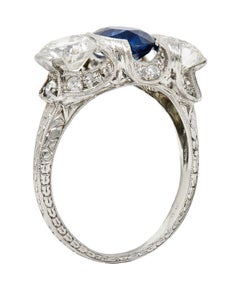 Art Deco 3.78 Carat No Heat Cambodian Sapphire Diamond Platinum Three Stone Ring