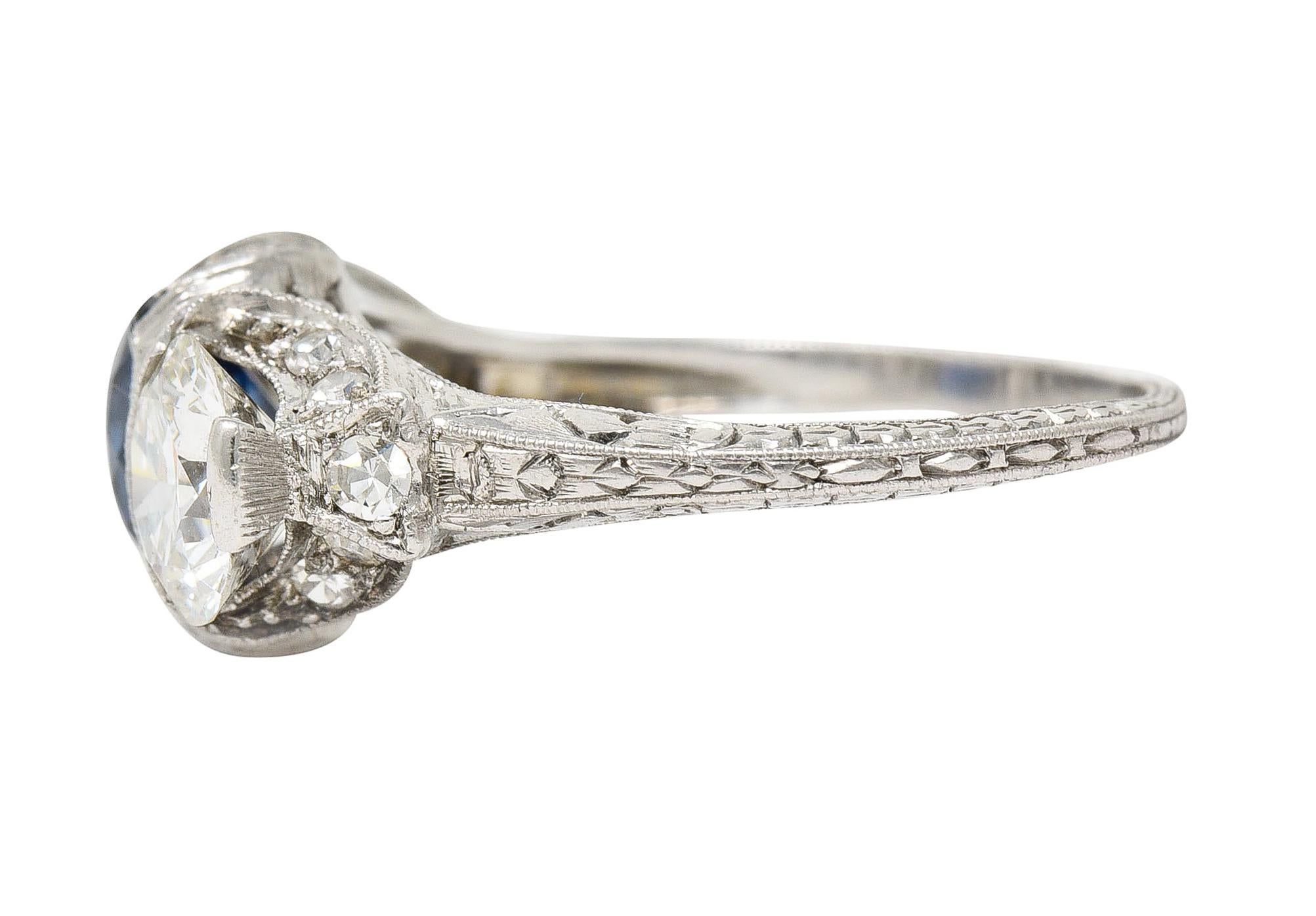 Round Cut Art Deco 3.78 Carat No Heat Cambodian Sapphire Diamond Platinum Three Stone Ring