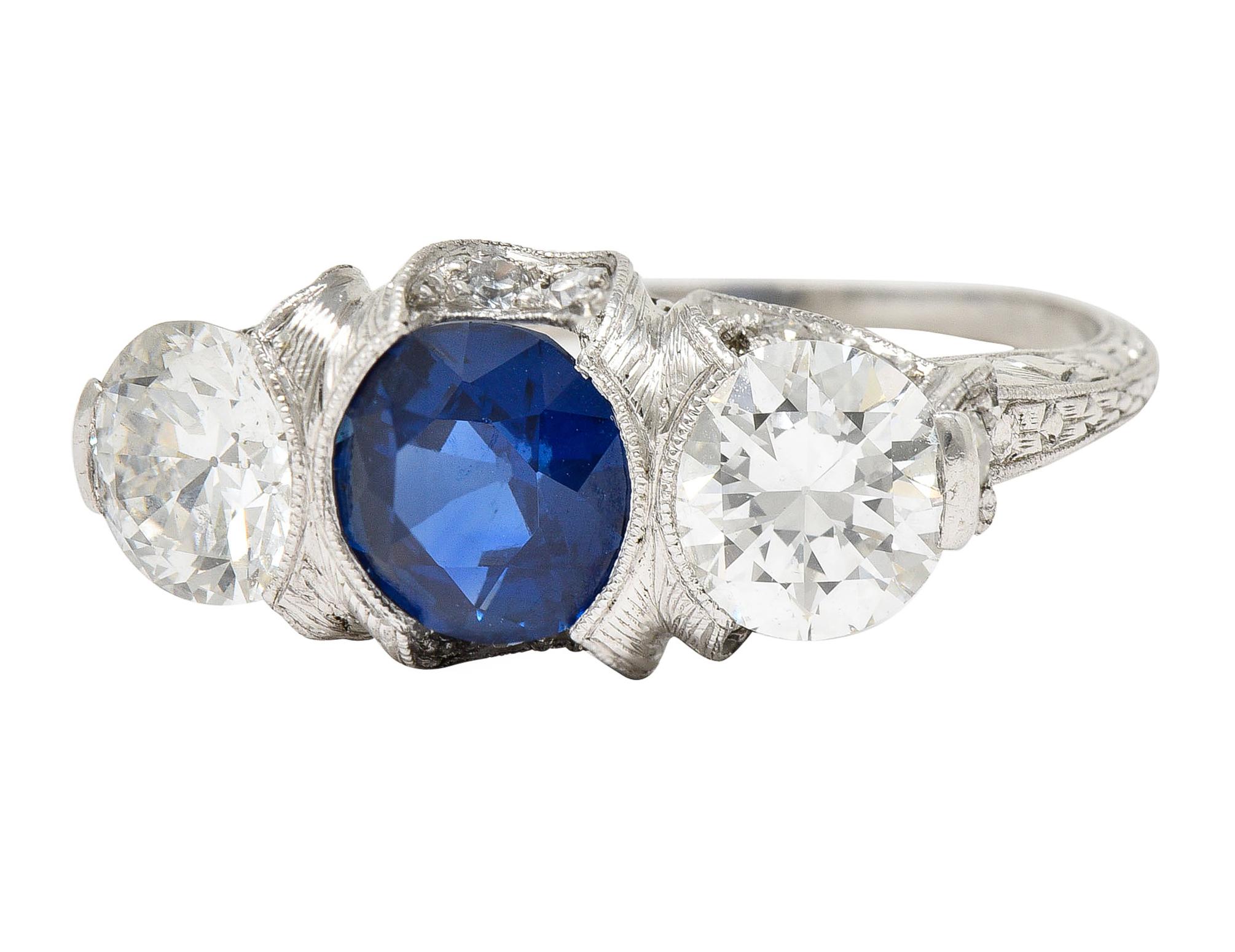 Art Deco 3.78 Carat No Heat Cambodian Sapphire Diamond Platinum Three Stone Ring In Excellent Condition In Philadelphia, PA