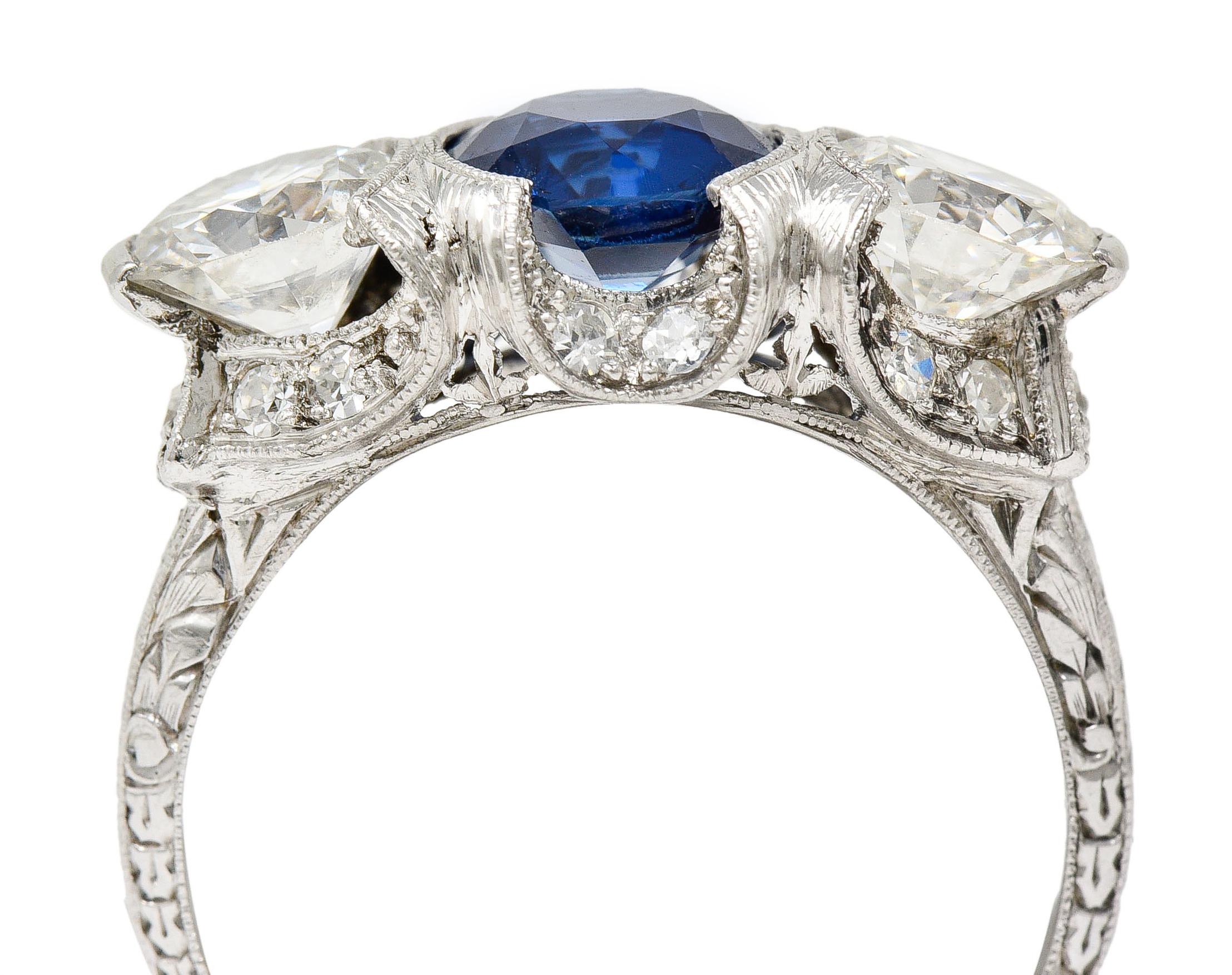 Art Deco 3.78 Carat No Heat Cambodian Sapphire Diamond Platinum Three Stone Ring 1