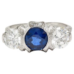 Vintage Art Deco 3.78 Carat No Heat Cambodian Sapphire Diamond Platinum Three Stone Ring