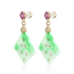 Art Deco 37.85Ct Jade Garnet Diamond Drop Earrings in 14K Yellow Gold