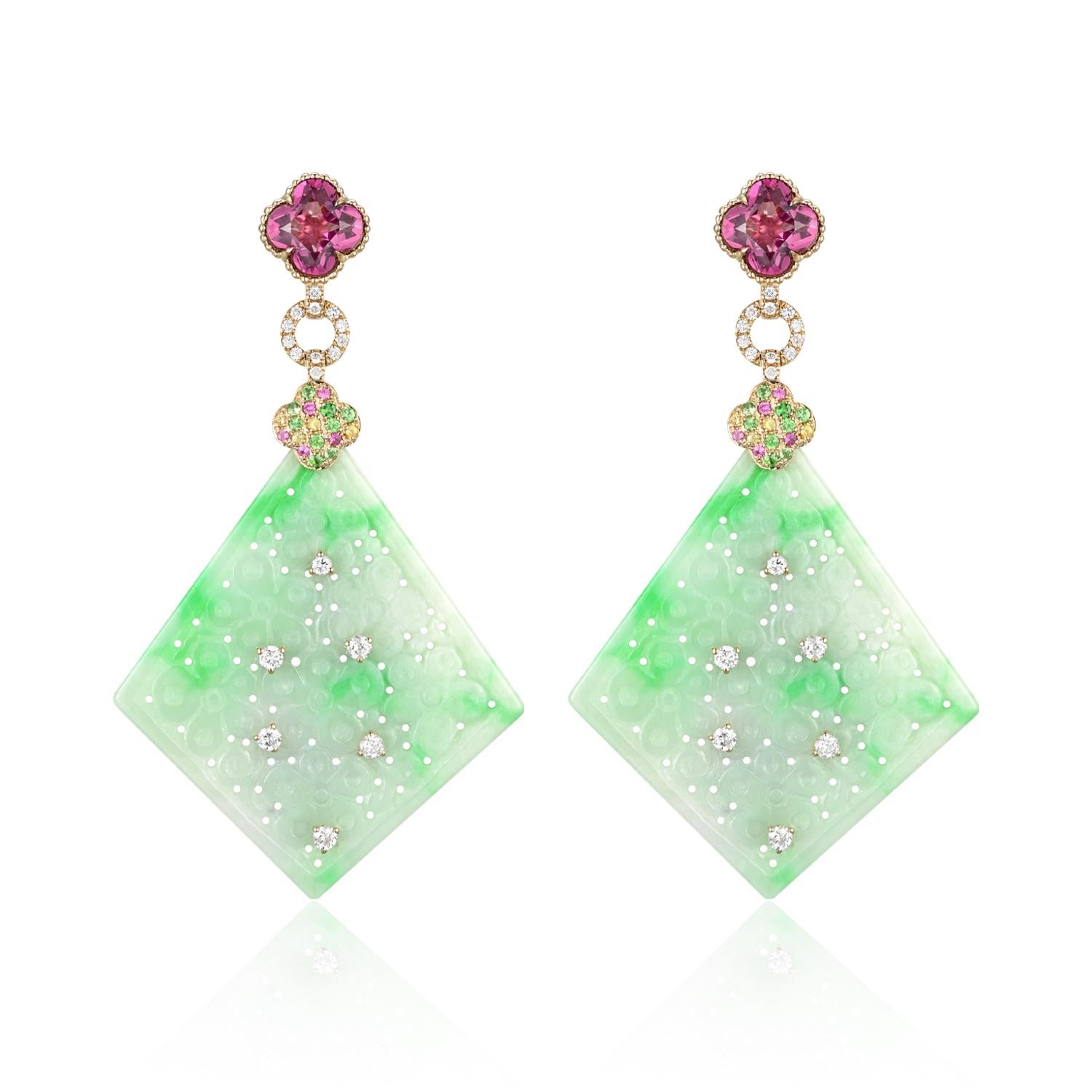 Contemporain Boucles d'oreilles Art Déco 37.85Ct Jade Grenat Diamant en or jaune 14K en vente