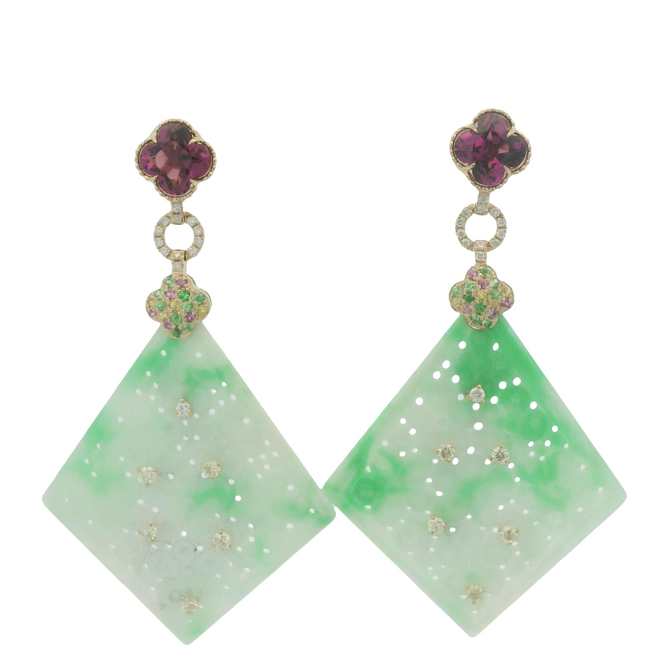 Boucles d'oreilles Art Déco 37.85Ct Jade Grenat Diamant en or jaune 14K Neuf - En vente à Hong Kong, HK