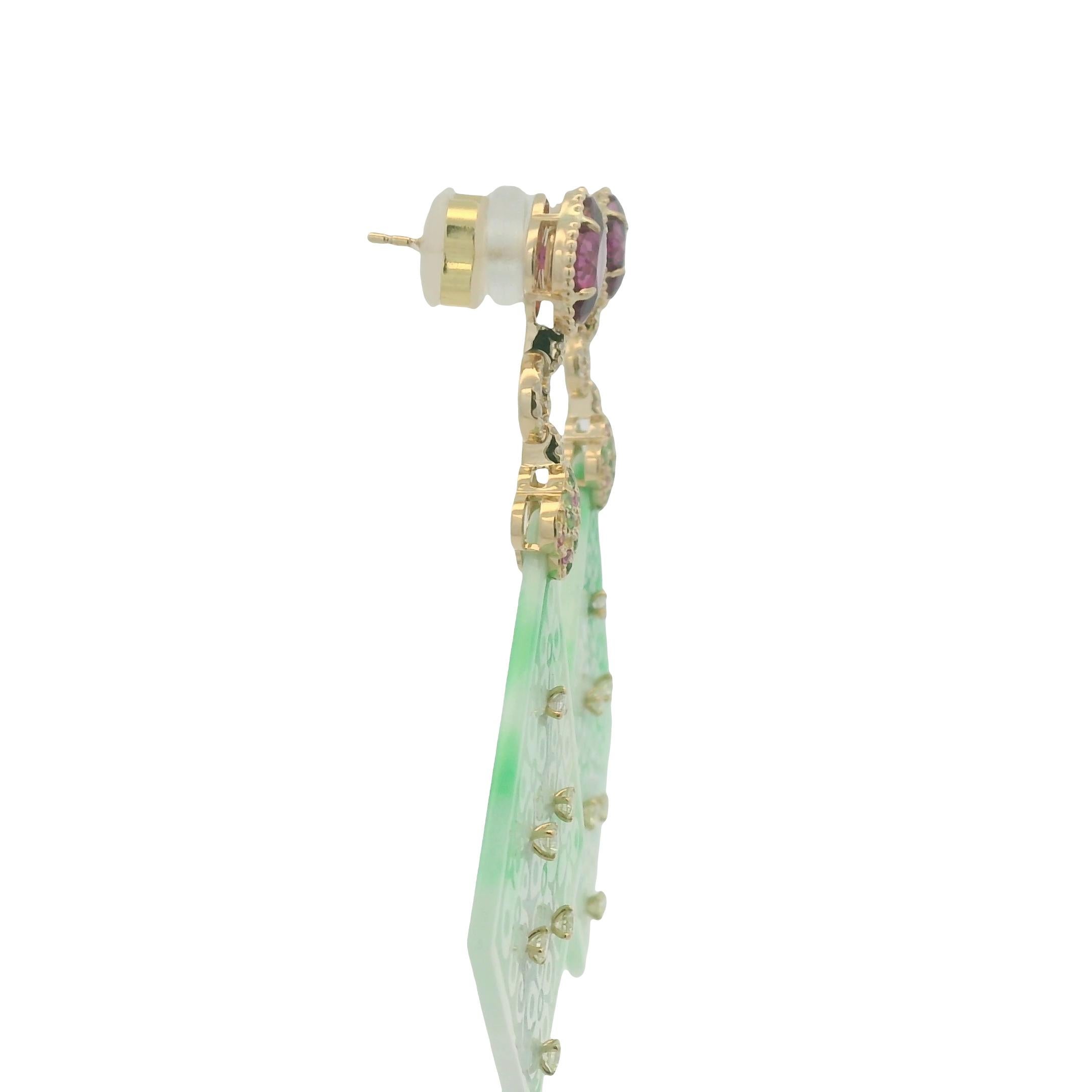 Boucles d'oreilles Art Déco 37.85Ct Jade Grenat Diamant en or jaune 14K Pour femmes en vente