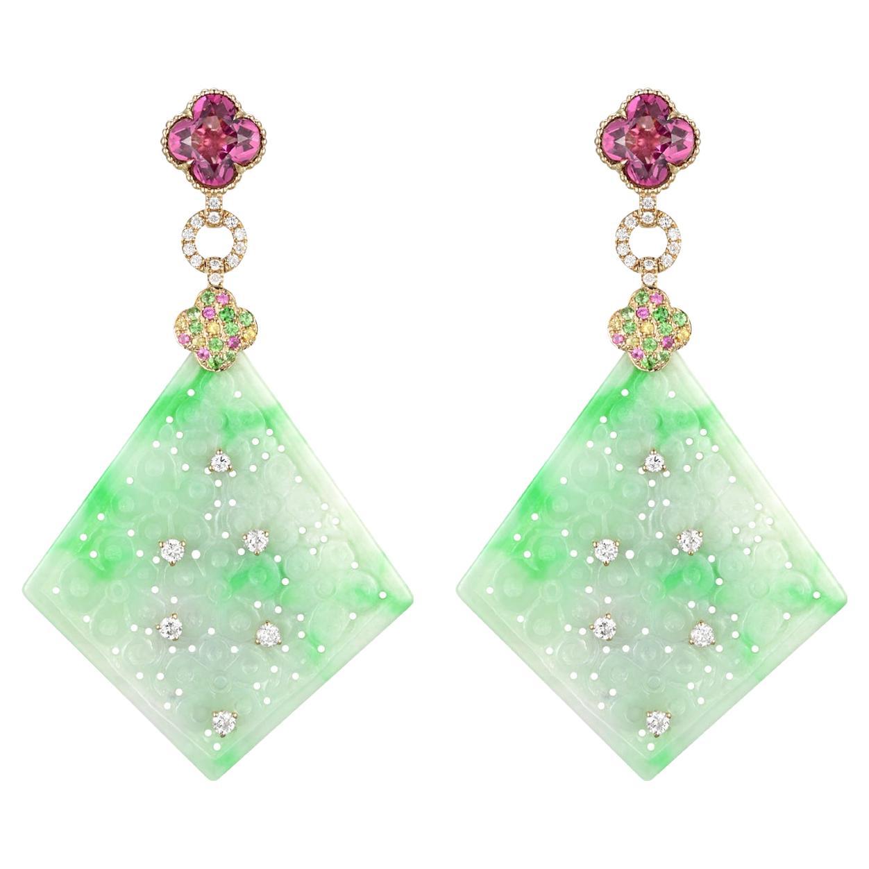 Boucles d'oreilles Art Déco 37.85Ct Jade Grenat Diamant en or jaune 14K
