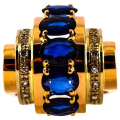 Art Deco Style 3.80 Carat White Diamond Blue Sapphire Yellow Gold Cocktail Ring