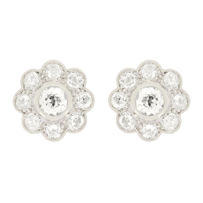 Old Mine Cut Art Deco 3.80ct Diamond Daisy Cluster Earrings, c.1920s For Sale