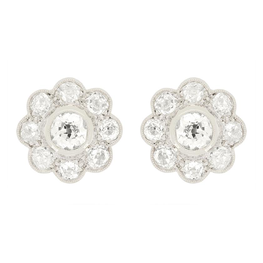Round Cut Art Deco 3.80ct Diamond Daisy Cluster Earrings, c.1920s For Sale