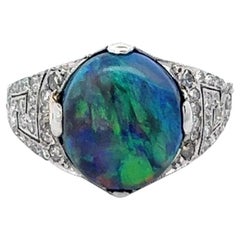 Art Deco 3.83 Carats Black Opal Diamond Platinum Ring
