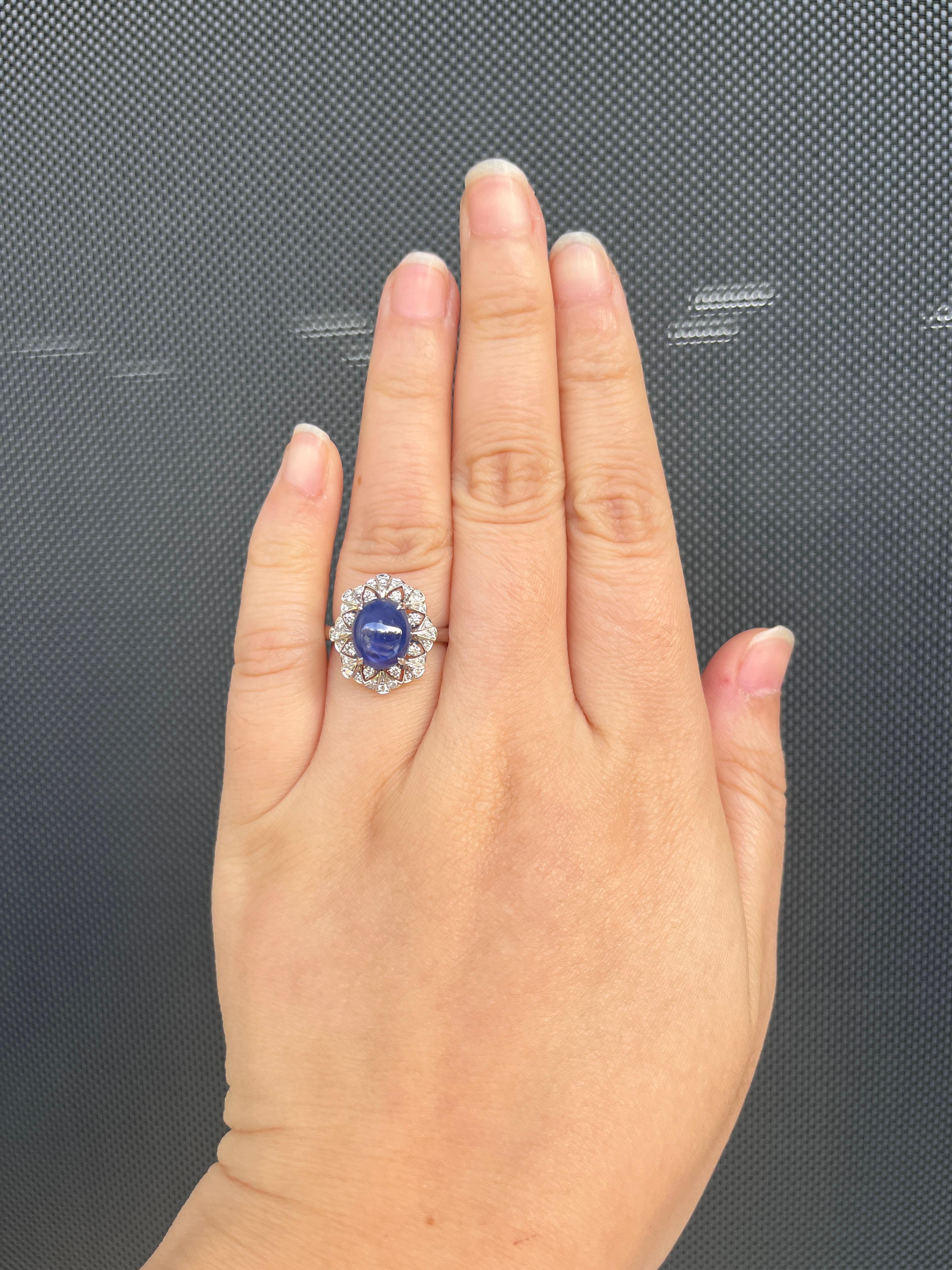 Cabochon Art Deco 3.84Ct Unheat Blue Sapphire Diamond Ring in Platinum For Sale