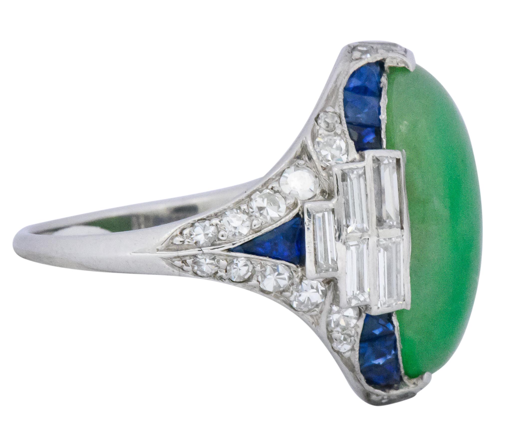 Art Deco 3.85 Carat Jadeite Diamond Sapphire Platinum Ring GIA In Excellent Condition In Philadelphia, PA