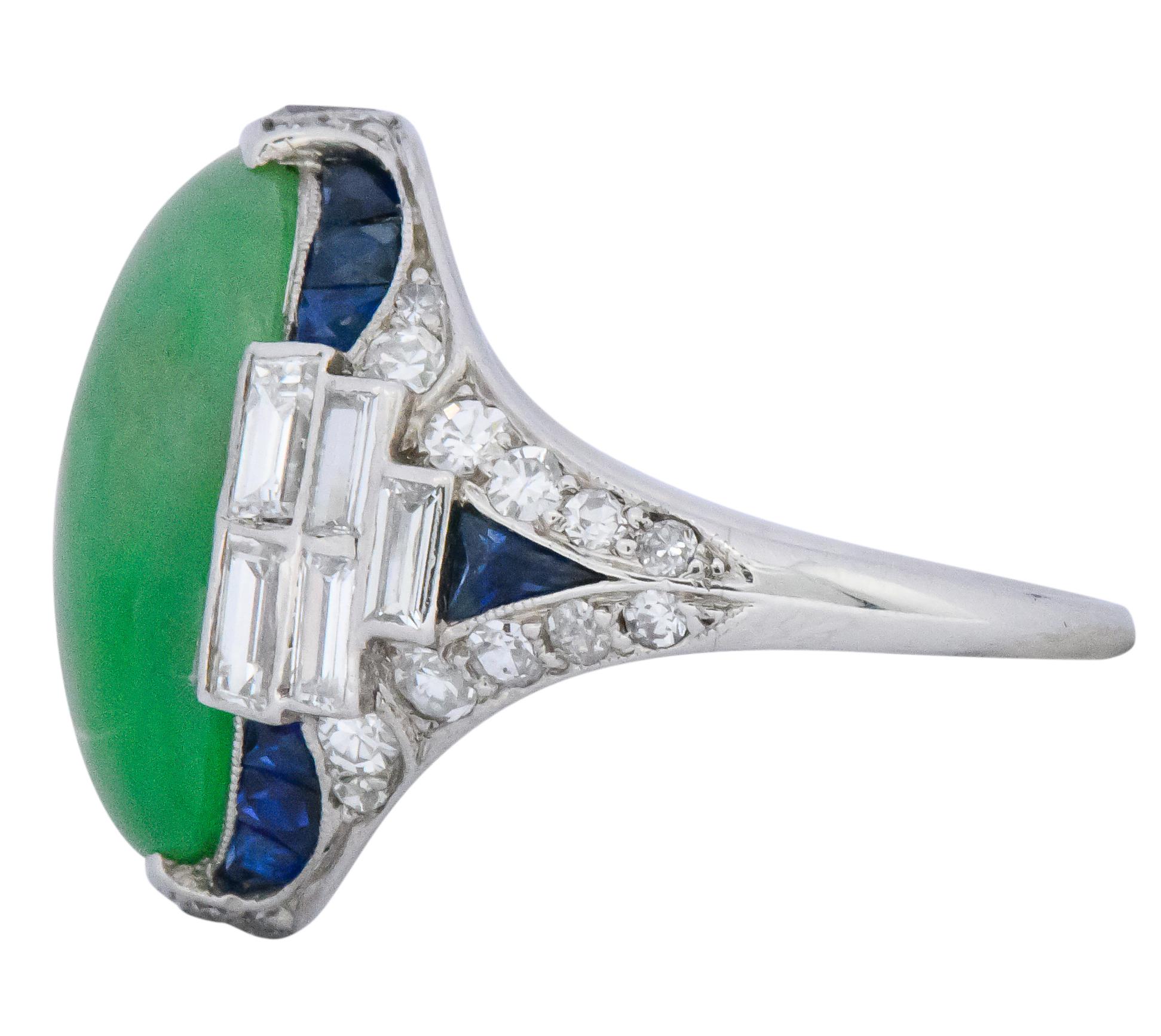 Women's or Men's Art Deco 3.85 Carat Jadeite Diamond Sapphire Platinum Ring GIA