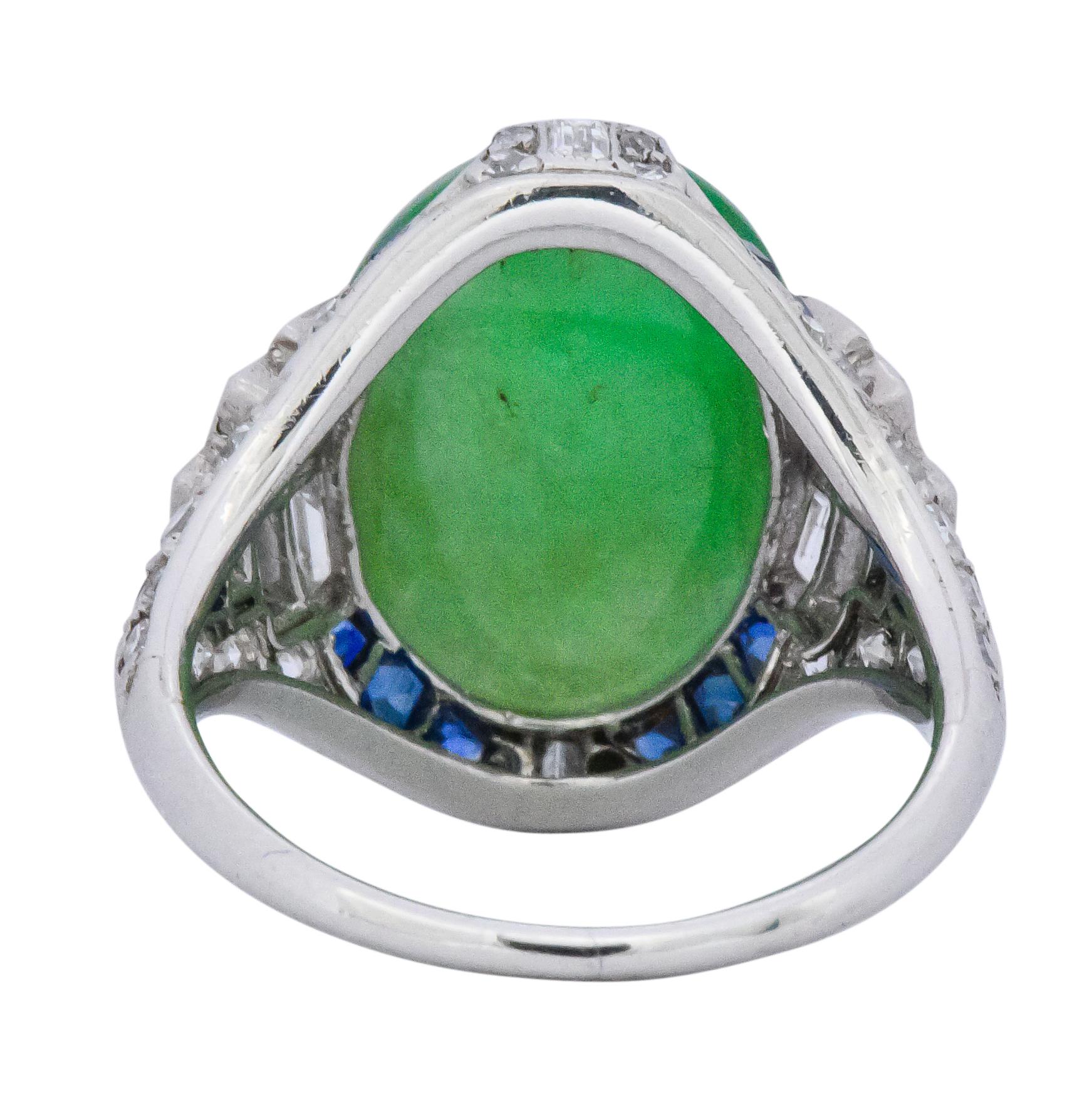 Art Deco 3.85 Carat Jadeite Diamond Sapphire Platinum Ring GIA 1