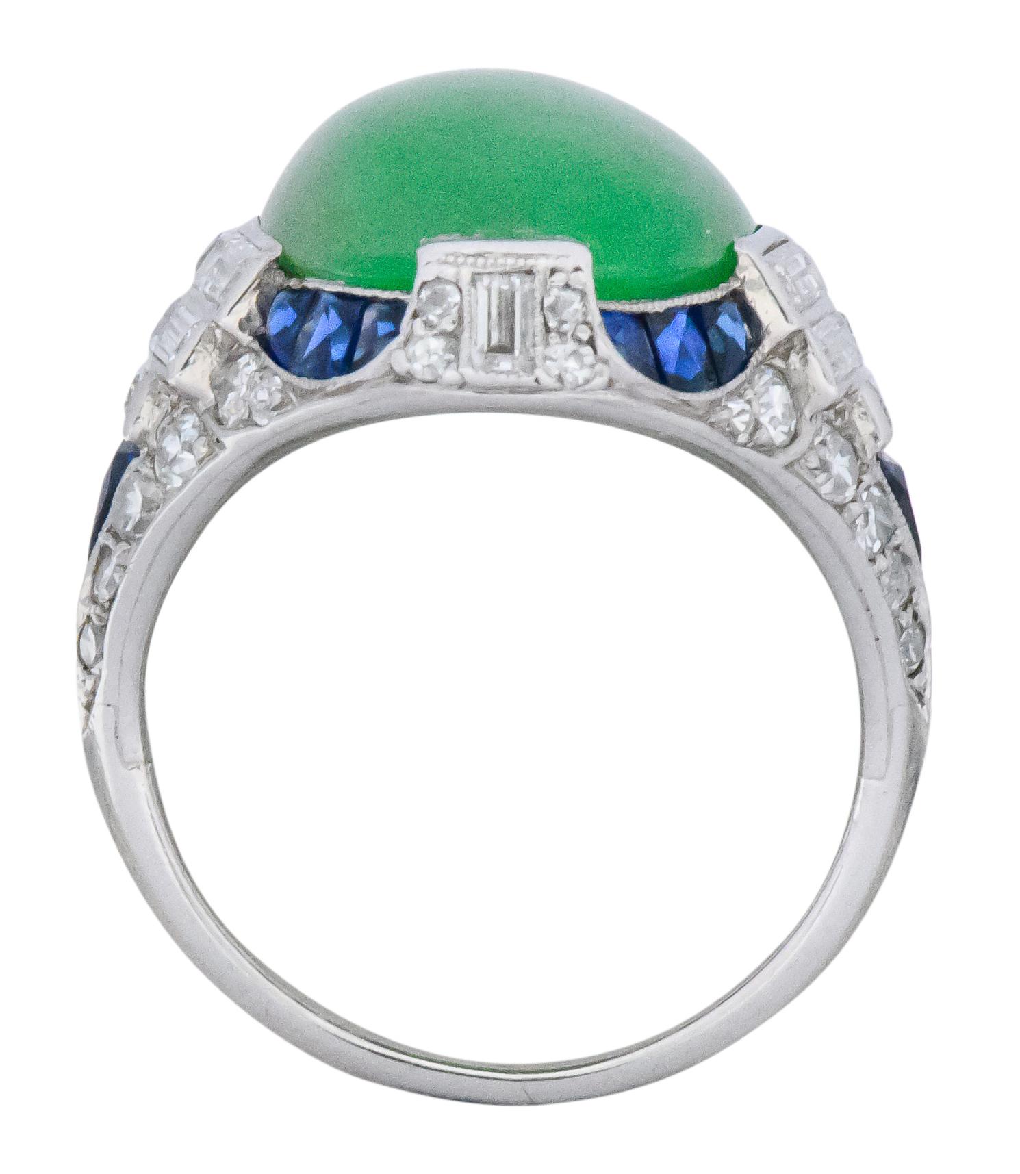 Art Deco 3.85 Carat Jadeite Diamond Sapphire Platinum Ring GIA 2