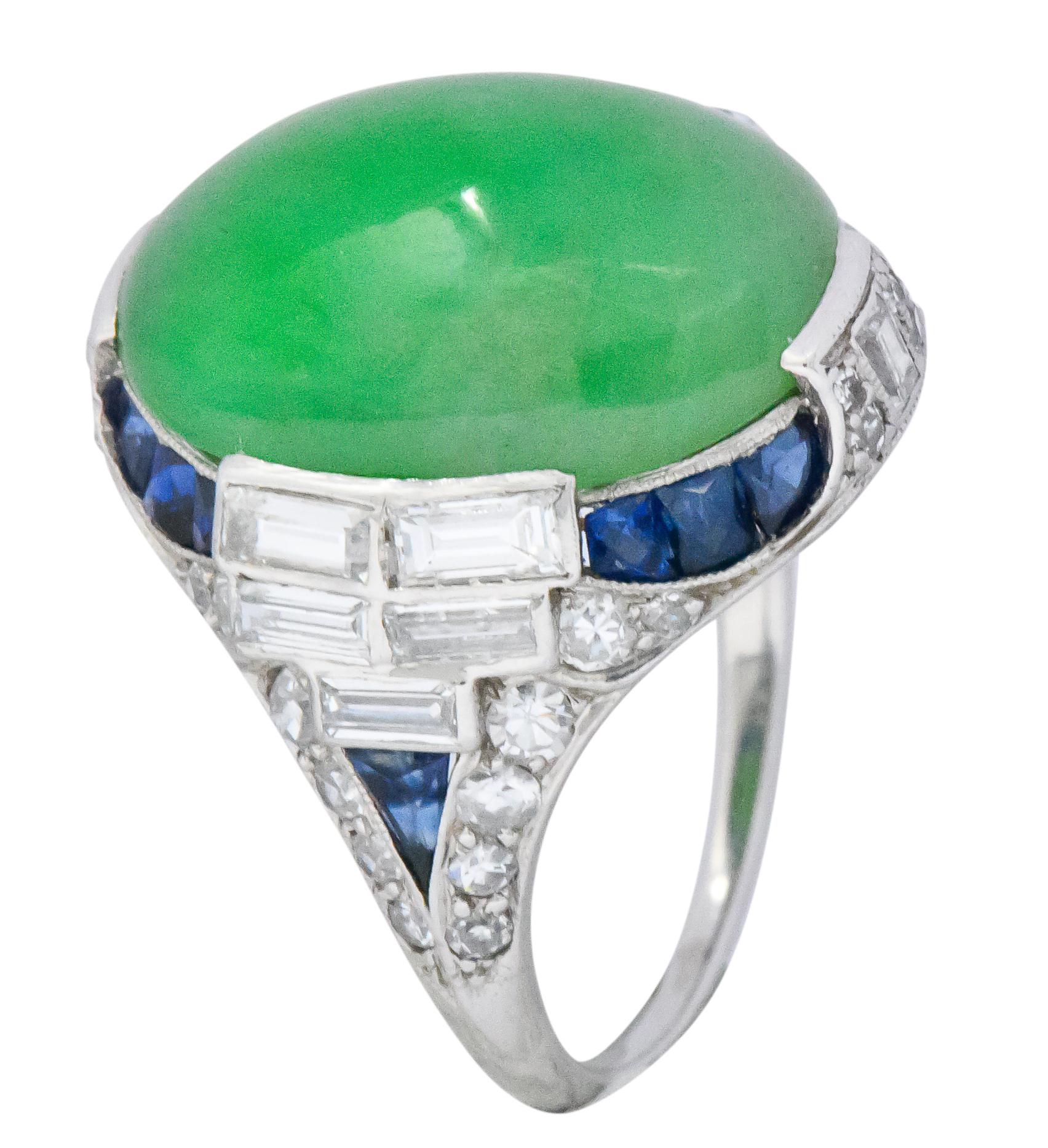 Art Deco 3.85 Carat Jadeite Diamond Sapphire Platinum Ring GIA 3