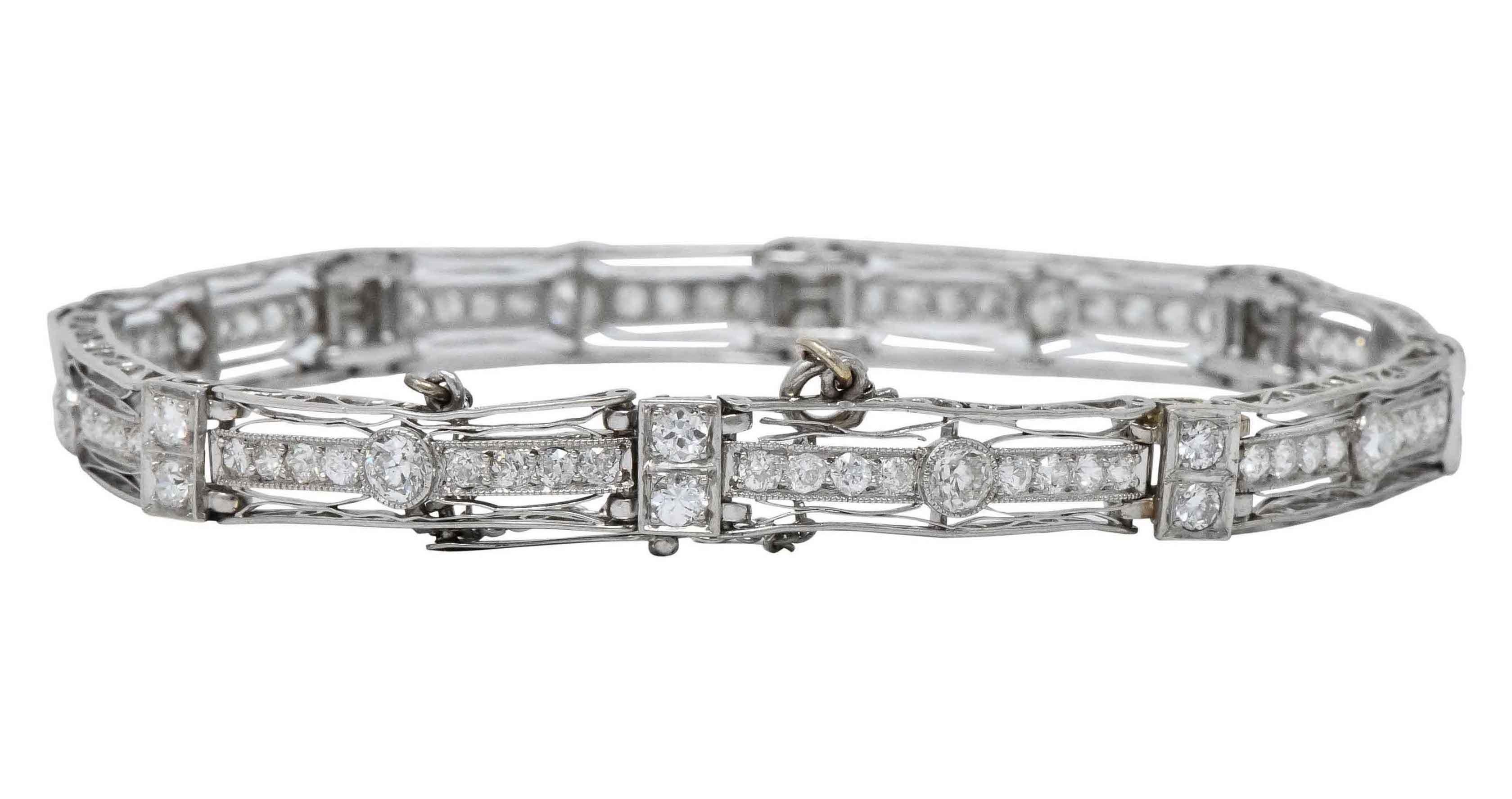 Old European Cut Art Deco 3.85 Carat Old European Diamond Platinum Fancy Link Bracelet