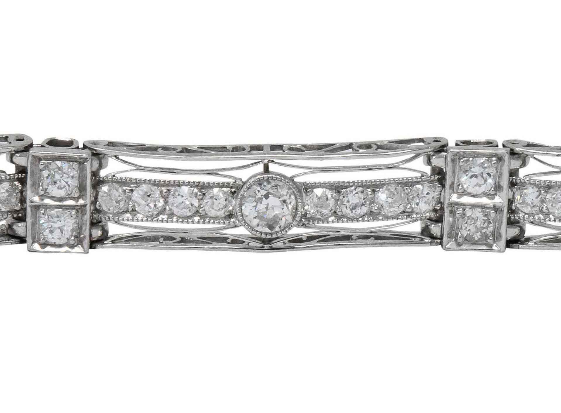 Art Deco 3.85 Carat Old European Diamond Platinum Fancy Link Bracelet 1