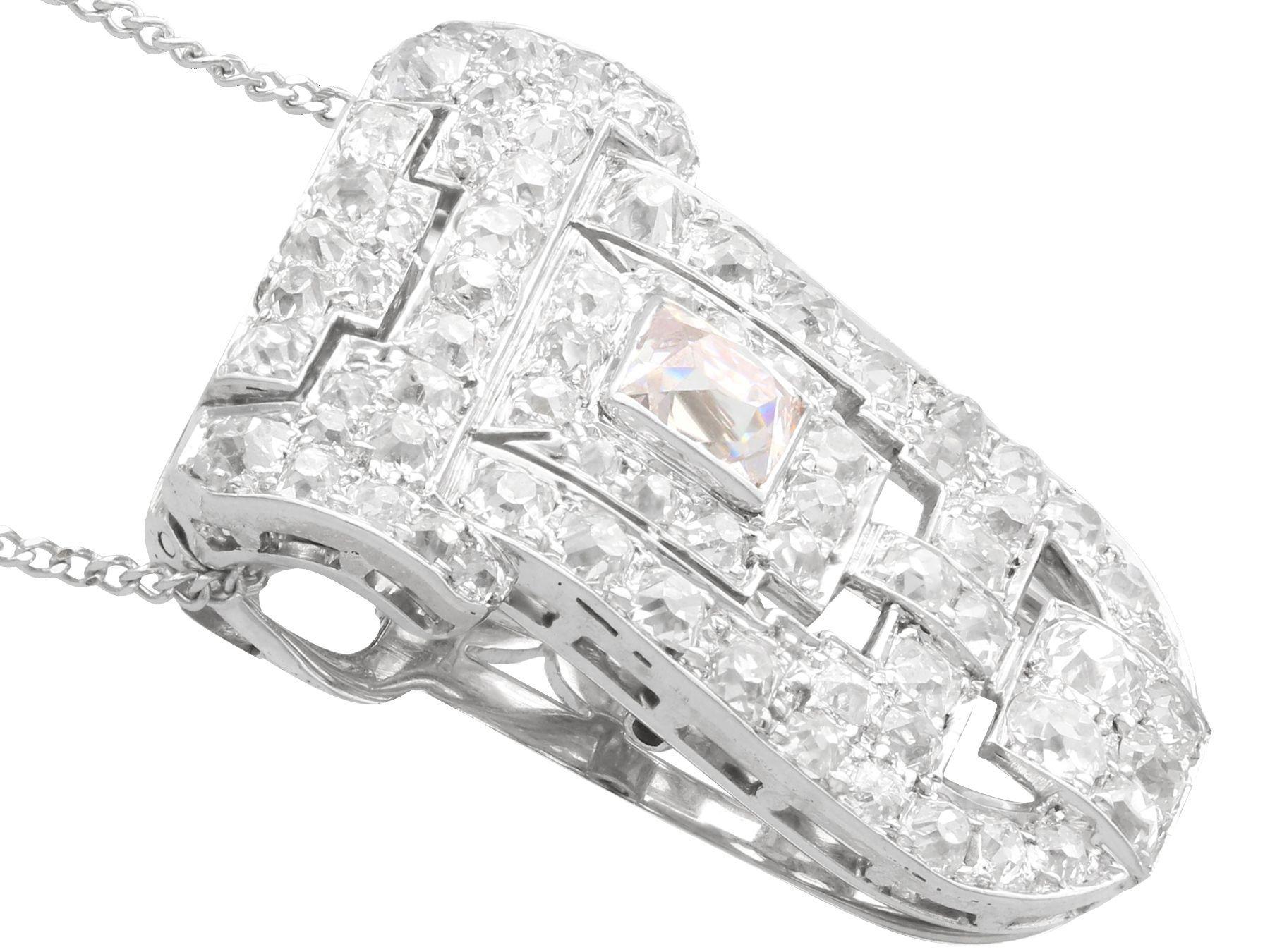 Old European Cut Art Deco 3.87 Carat Diamond and White Gold Clip Brooch / Pendant For Sale