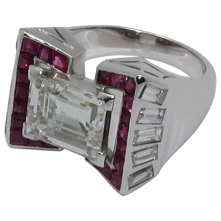 Art Deco 3.90 Carat Emerald Cut Diamond Ruby Platinum Ring For Sale