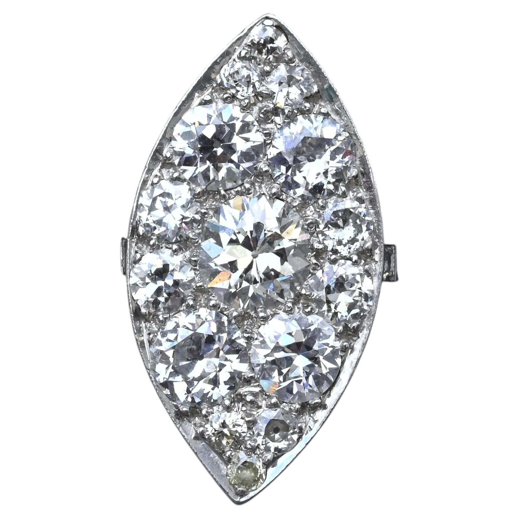 Art Deco 3.90ctw Navette Diamond Platinum Ring IGI Certified 7.46g Size 6.5 For Sale