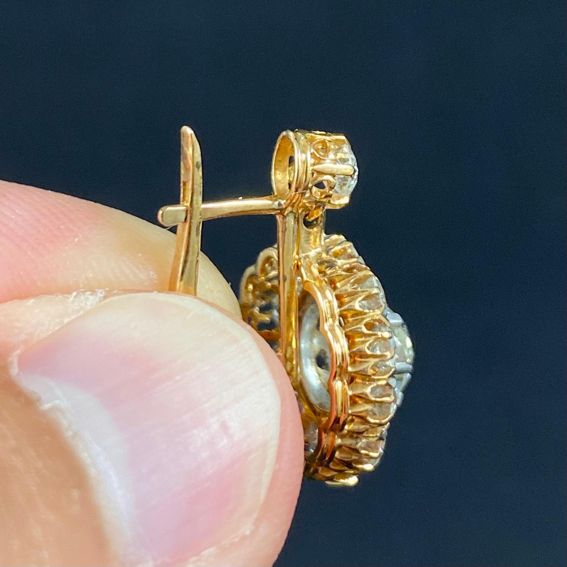Art Deco 3,94 Karat Old Mine Diamant Target-Ohrringe Gelbgold Platin 1940er Jahre im Angebot 6