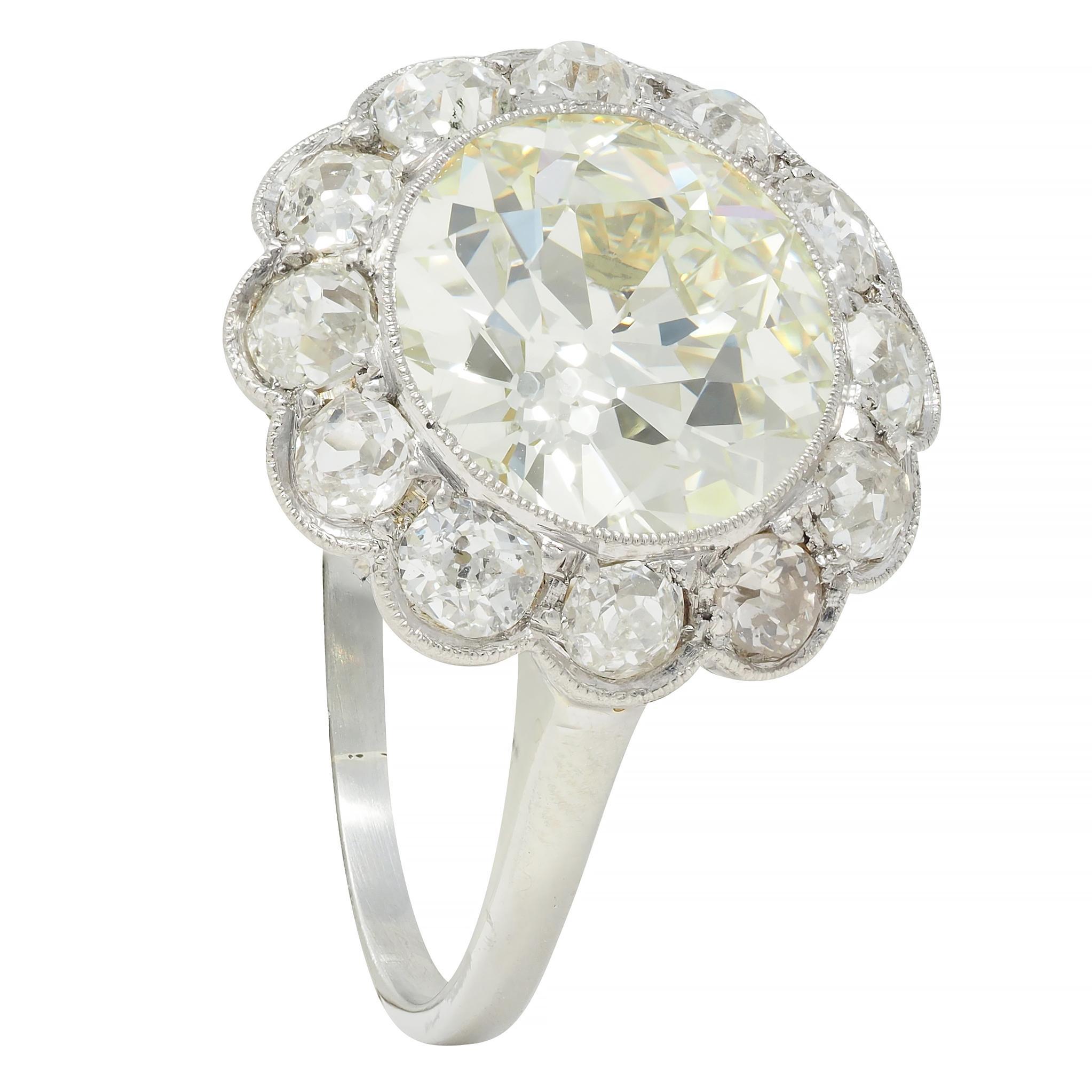 Women's or Men's Art Deco 3.99 CTW Old European Cut Diamond 18 Karat White Gold Halo Ring GIA For Sale