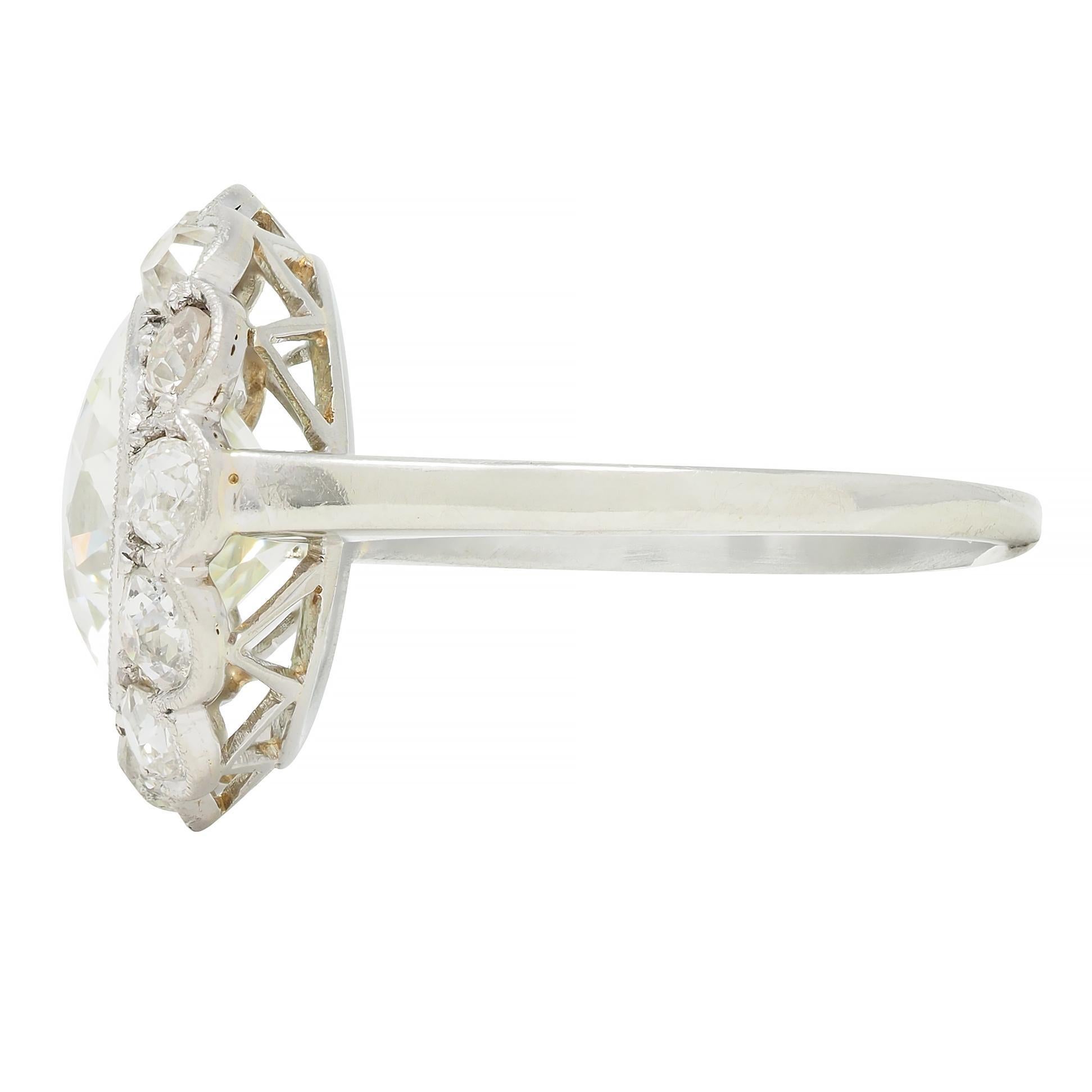 Art Deco 3.99 CTW Old European Cut Diamond 18 Karat White Gold Halo Ring GIA For Sale 2