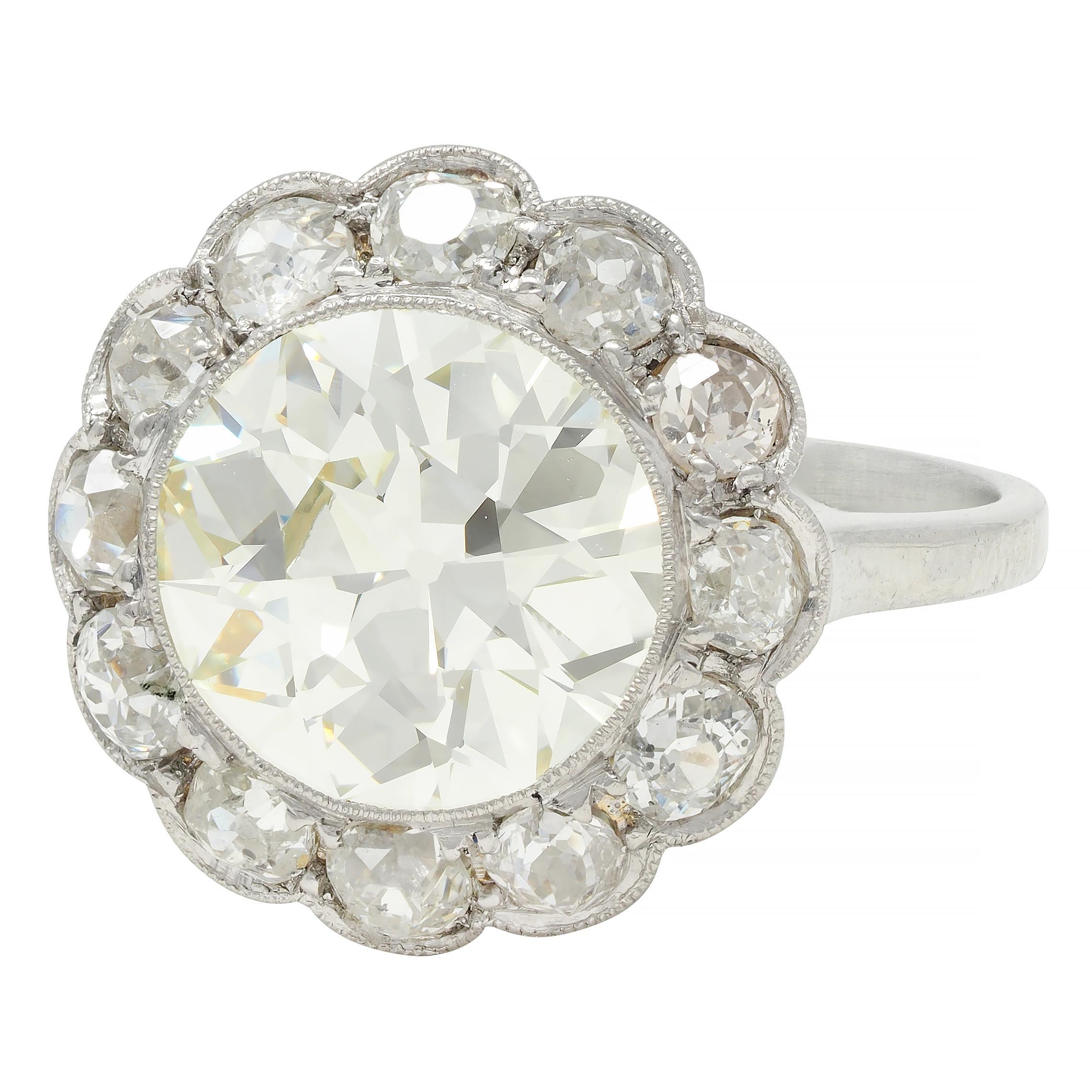Art Deco 3.99 CTW Old European Cut Diamond 18 Karat White Gold Halo Ring GIA For Sale 2