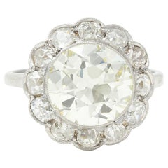 Vintage Art Deco 3.99 CTW Old European Cut Diamond 18 Karat White Gold Halo Ring GIA