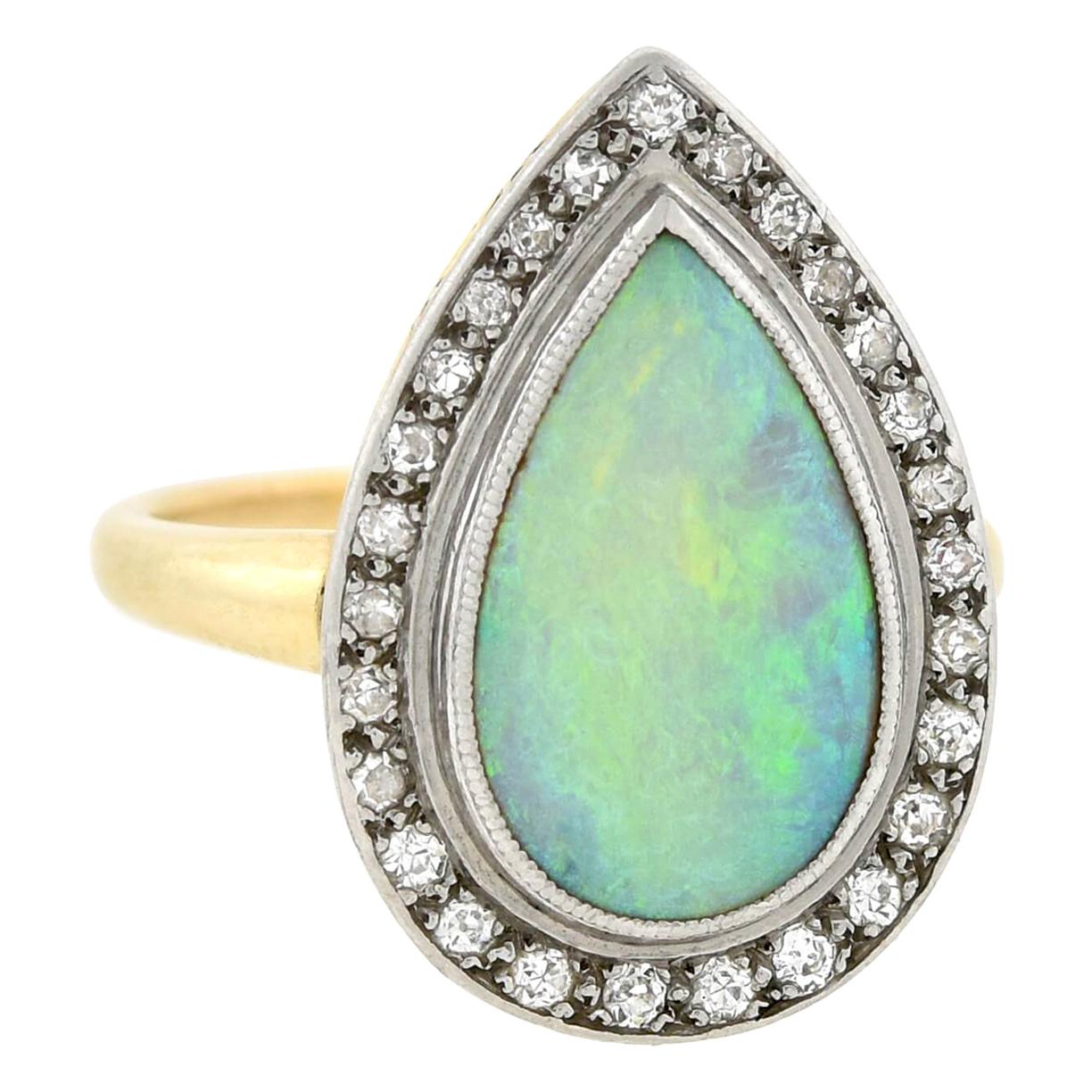 Art Deco 3Ctw Teardrop Opal and Diamond Ring