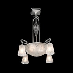 Art Deco 4 Arm Frosted Glass & Silvered Bronze Chandelier Signed Muller Frères