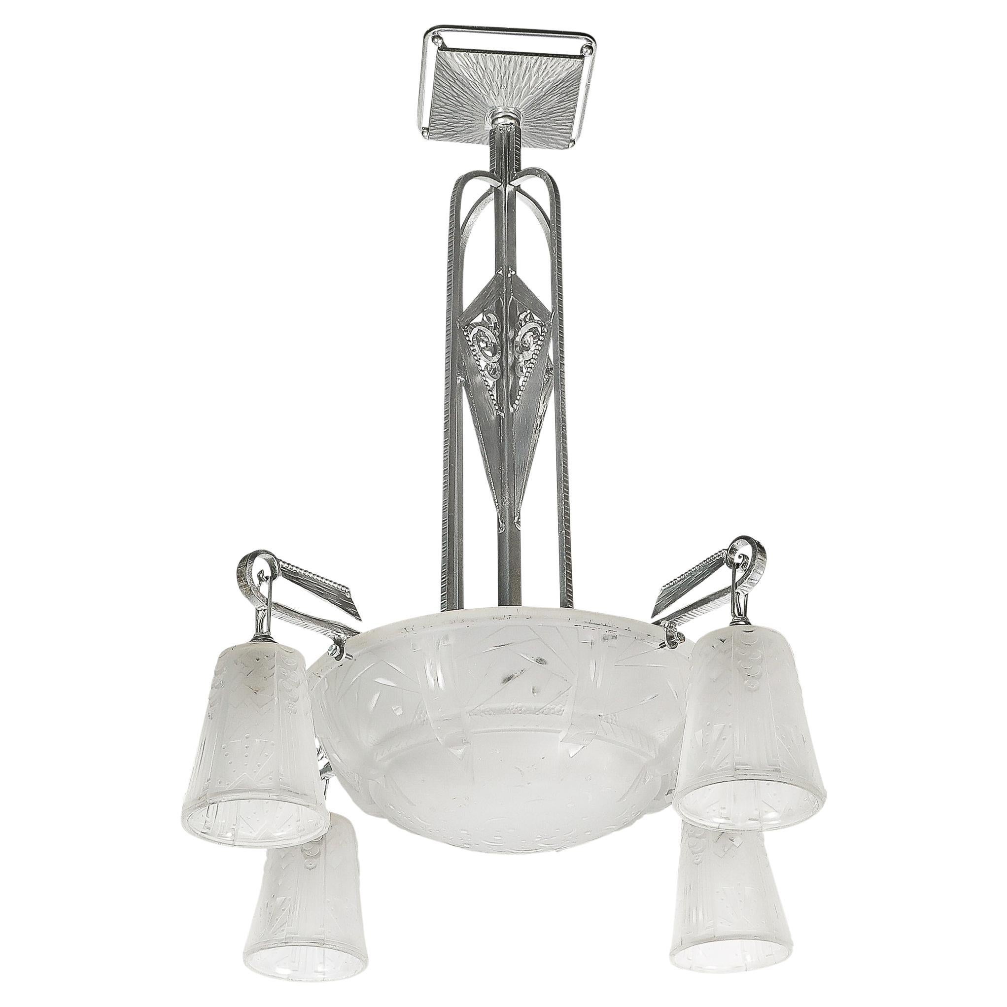 Art Deco 4 Arm Frosted Glass & Silvered Bronze Chandelier Signed Muller Frères